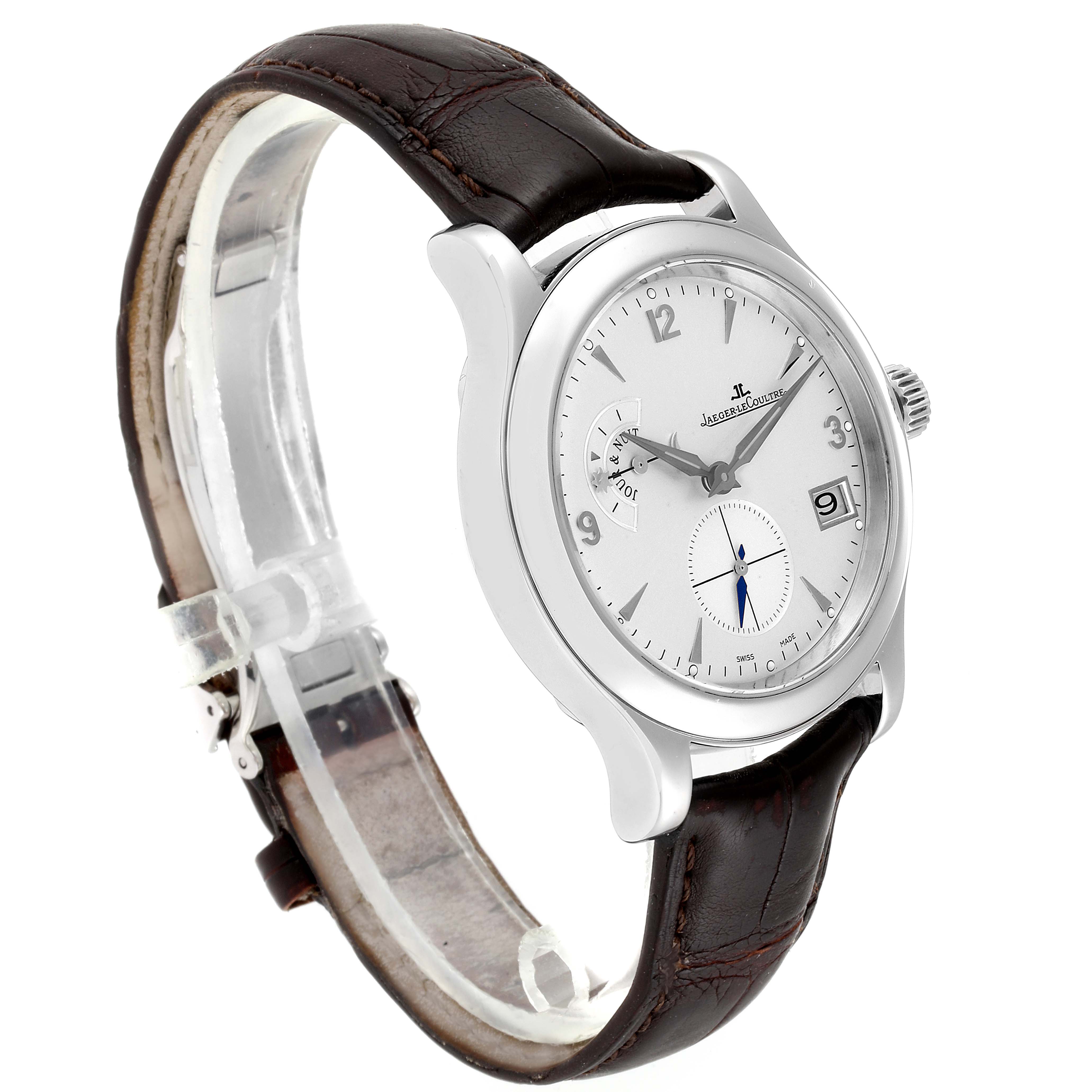 This Jaeger LeCoultre Master Q1628420 Men
s Stainless Steel Silver Dial Q1628420 Men
s Stainless Steel Silver Dial watch is shown at an angle highlighting its face, bezel, crown, and leather strap.