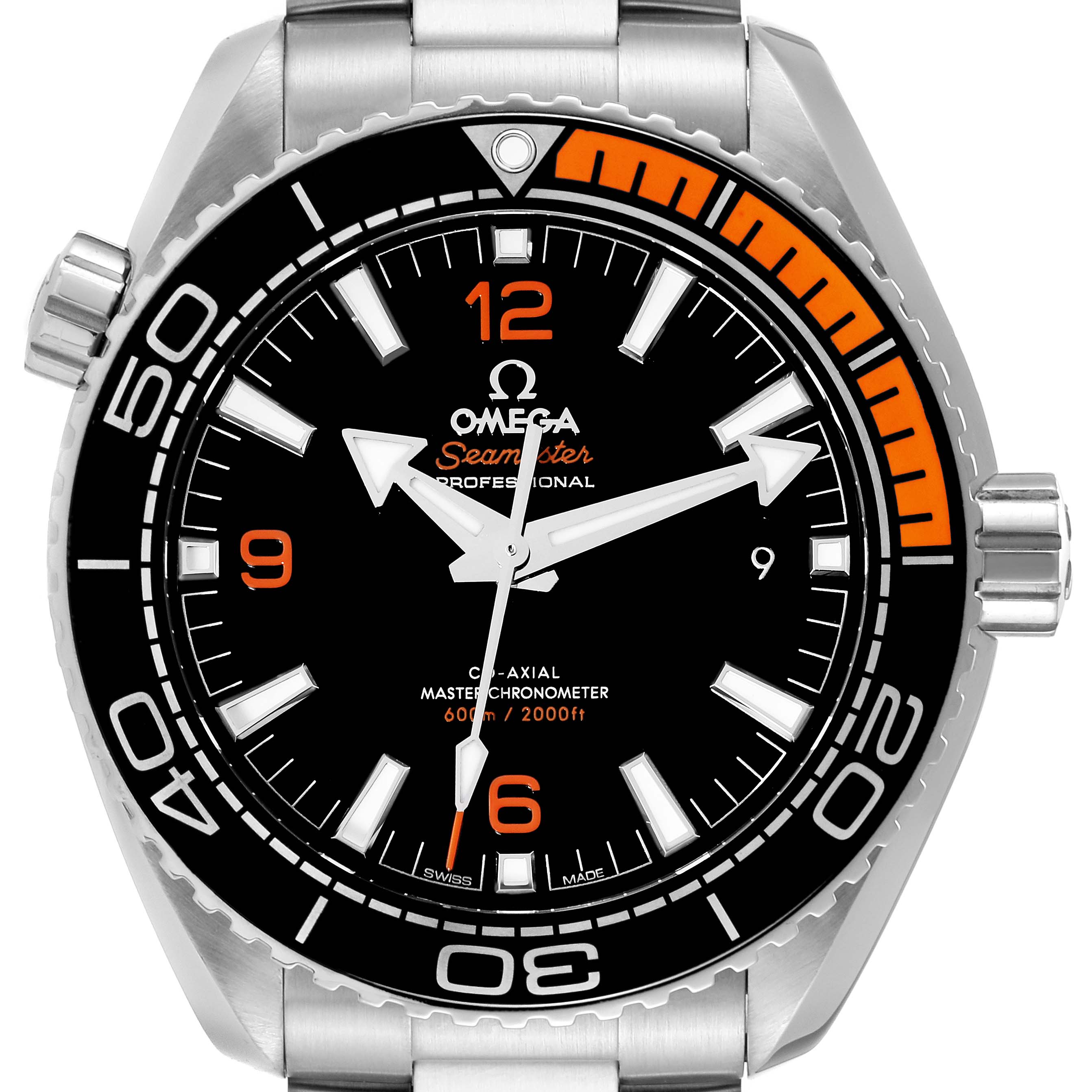 This image displays the Omega Seamaster Planet Ocean watch face and bezel at a front-facing angle.