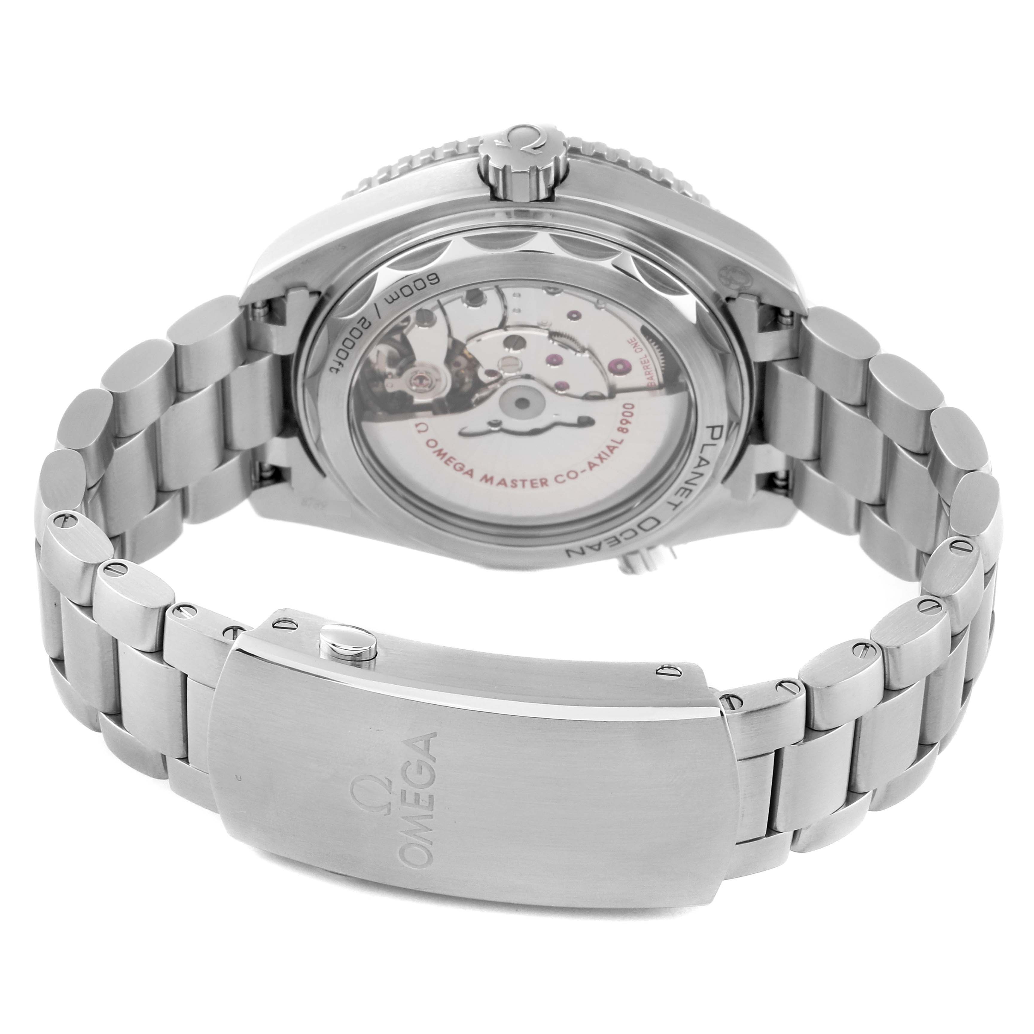 This image shows the back view and bracelet of the Omega Planet Ocean 215.30.44.21.01.002 Men
s Stainless Steel Black Dial 215.30.44.21.01.002 Men
s Stainless Steel Black Dial watch, highlighting its open case back and clasp.