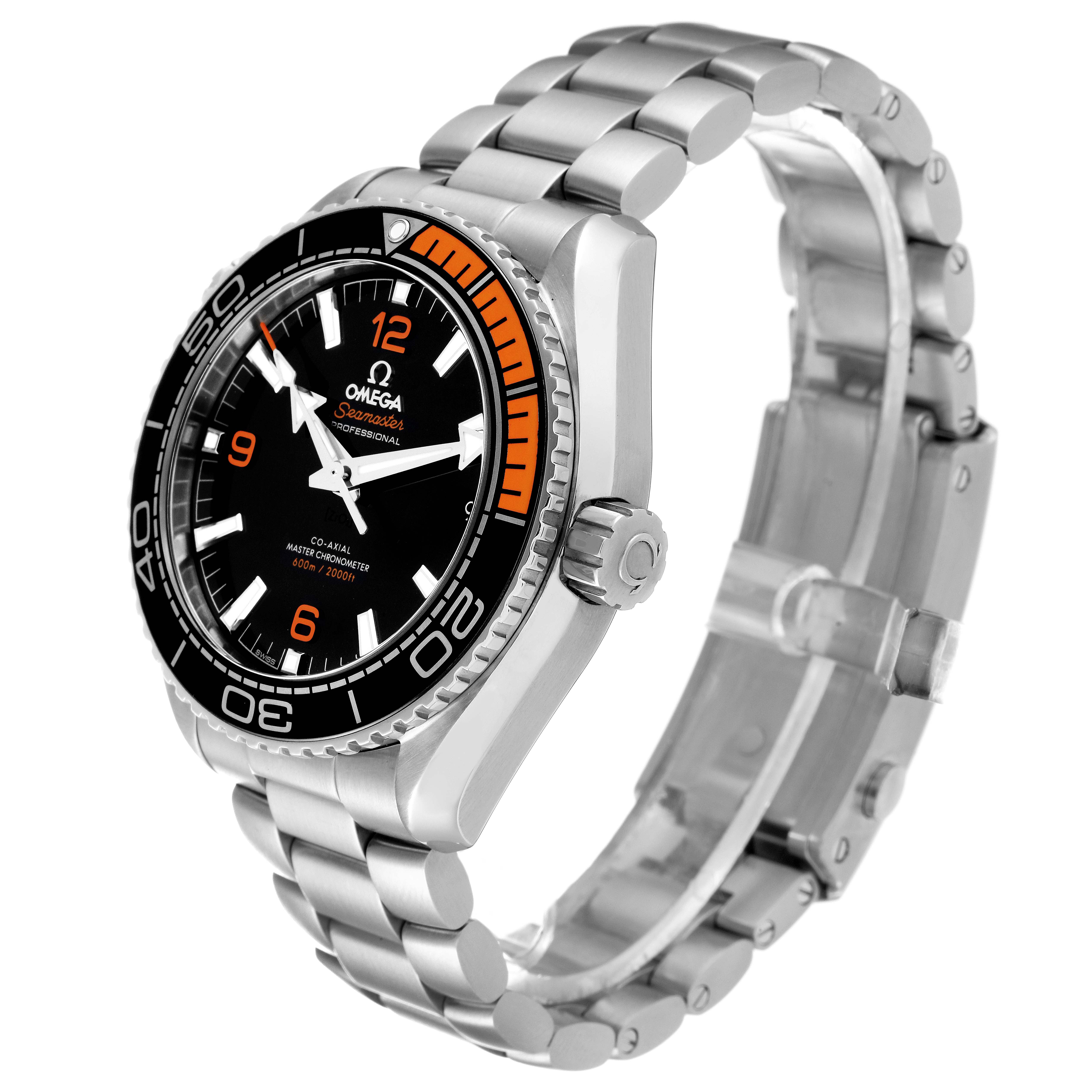 The Omega Planet Ocean 215.30.44.21.01.002 Men
s Stainless Steel Black Dial 215.30.44.21.01.002 Men
s Stainless Steel Black Dial watch is shown at an oblique angle, highlighting its face, bezel, crown, and metal bracelet.