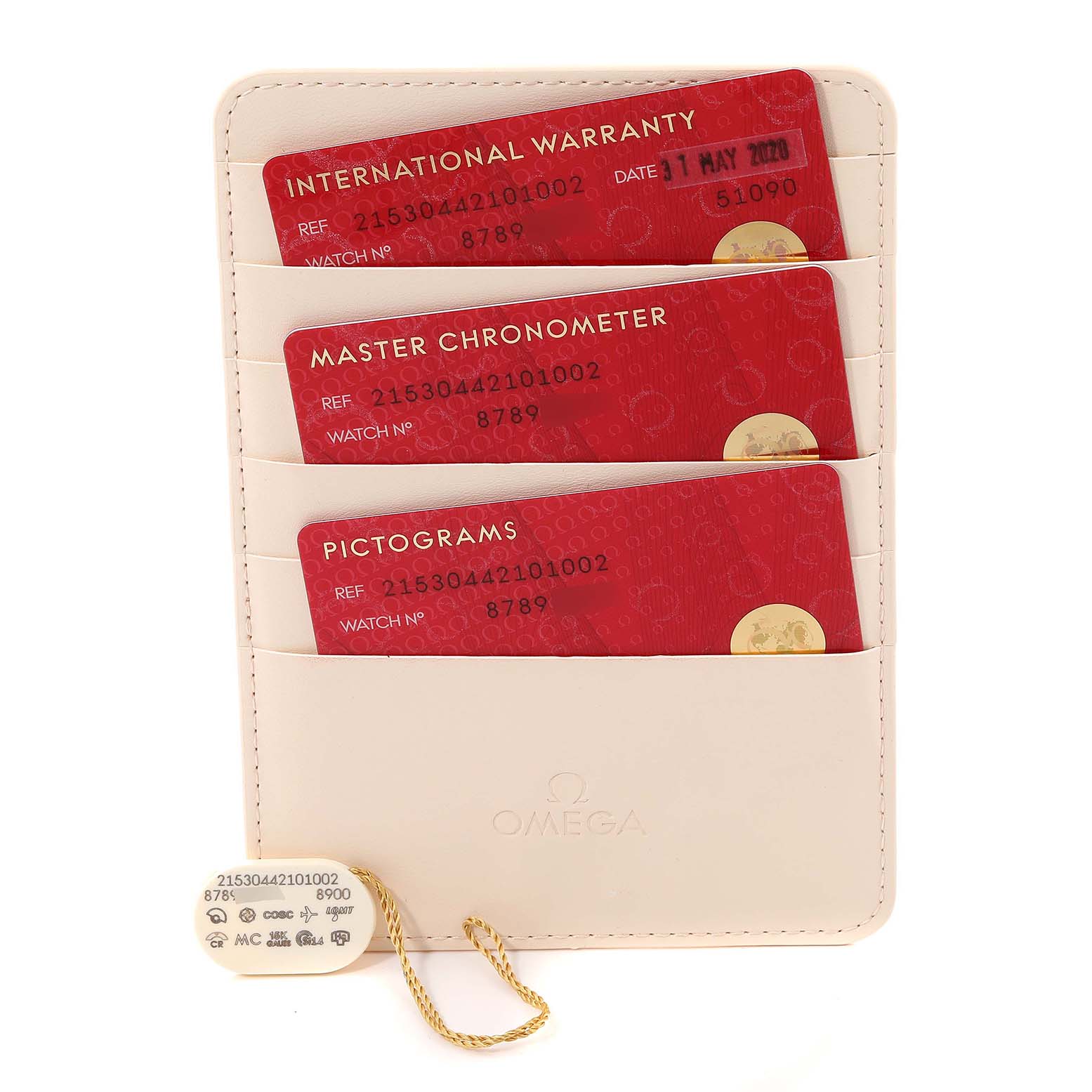 The image shows the warranty, master chronometer, and pictogram cards, along with a tag, for an Omega Planet Ocean 215.30.44.21.01.002 Men
s Stainless Steel Black Dial 215.30.44.21.01.002 Men
s Stainless Steel Black Dial watch.