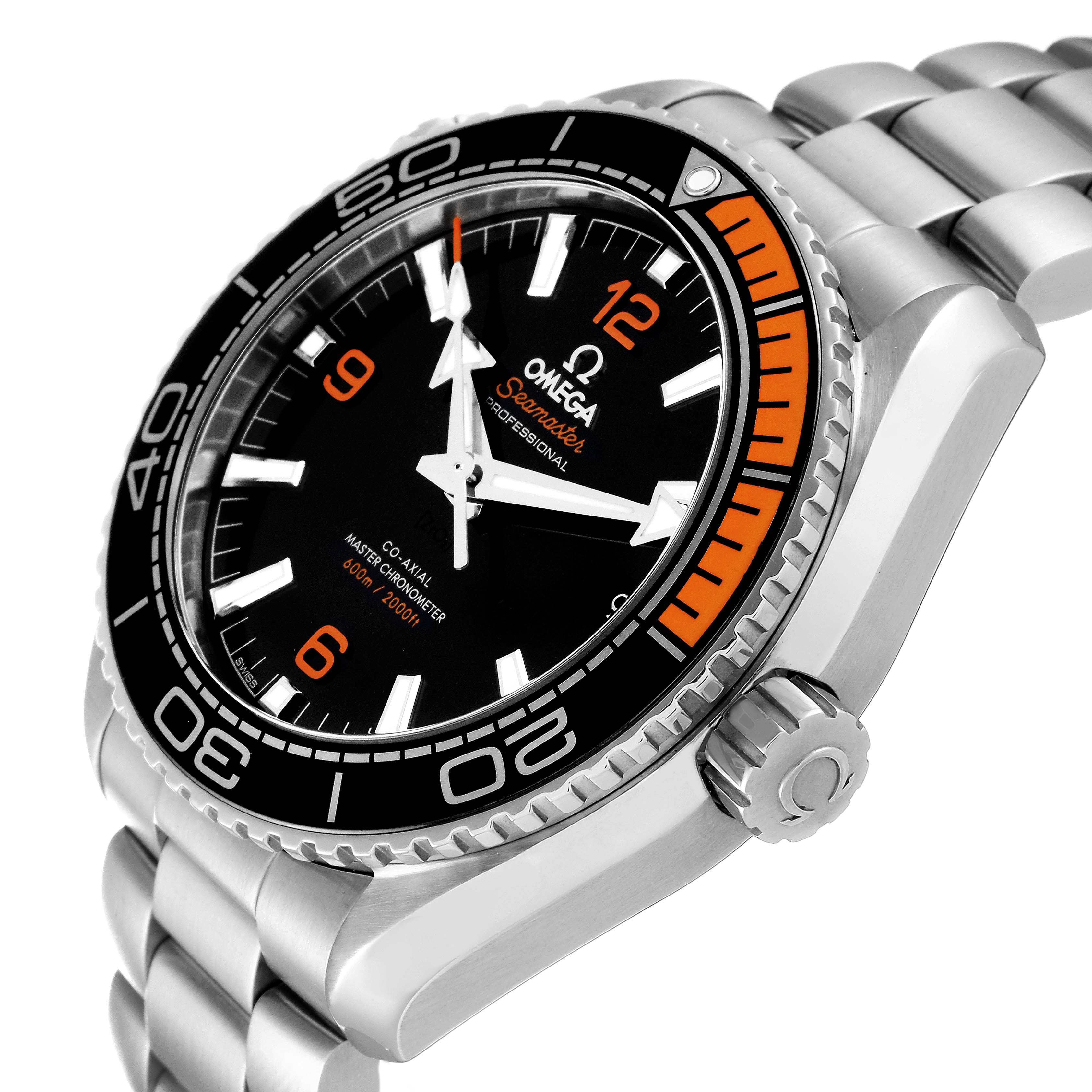 This image shows an angled view of the Omega Planet Ocean 215.30.44.21.01.002 Men
s Stainless Steel Black Dial 215.30.44.21.01.002 Men
s Stainless Steel Black Dial watch
s face and its stainless steel bracelet.