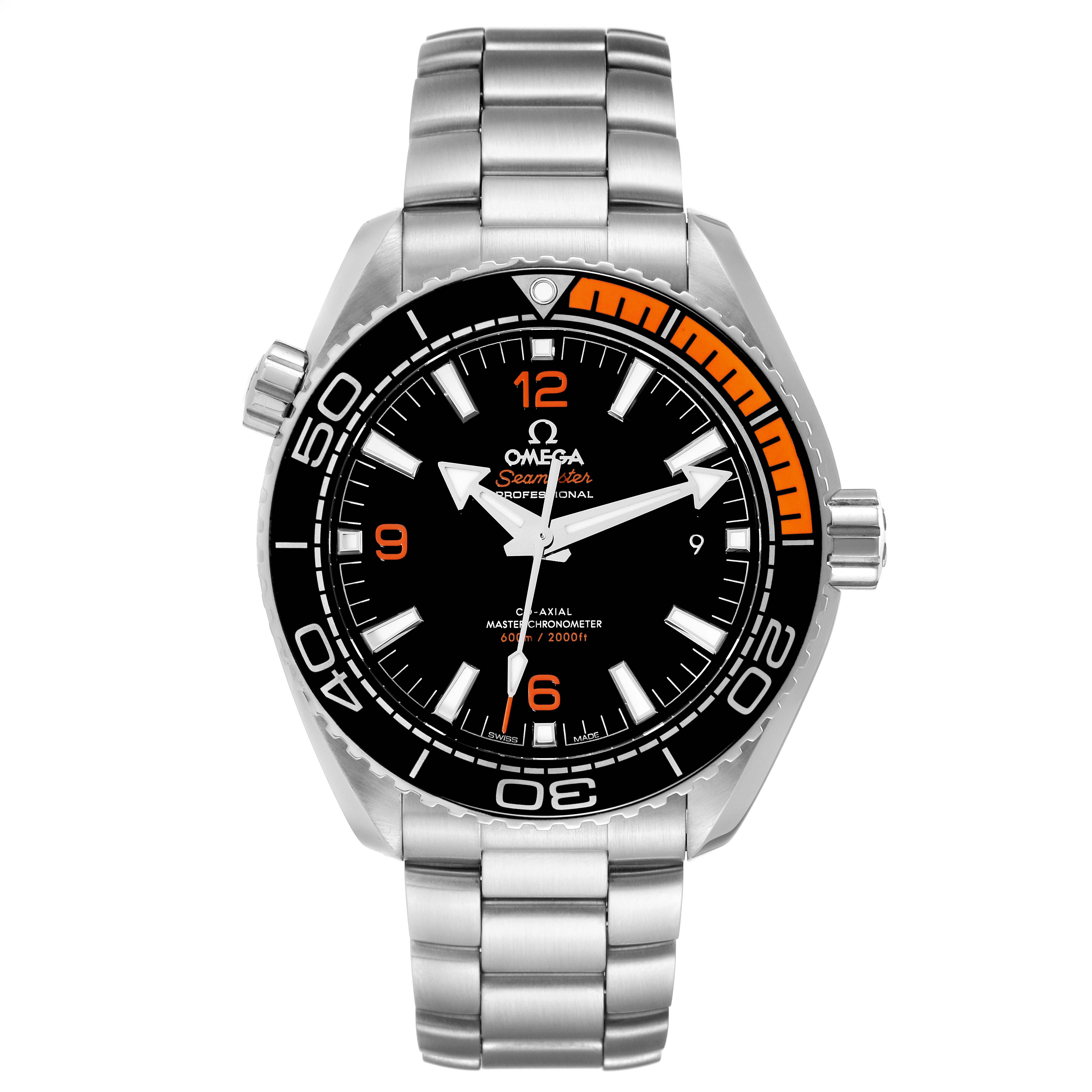 This is a front view of the Omega Planet Ocean 215.30.44.21.01.002 Men
s Stainless Steel Black Dial 215.30.44.21.01.002 Men
s Stainless Steel Black Dial watch showcasing the dial, bezel, case, and metal bracelet.