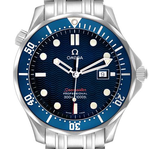 The Omega Seamaster 2221.80.00 Men's Stainless Steel Blue Dial watch is shown from a front angle, displaying the full dial, bezel, and part of the bracelet.