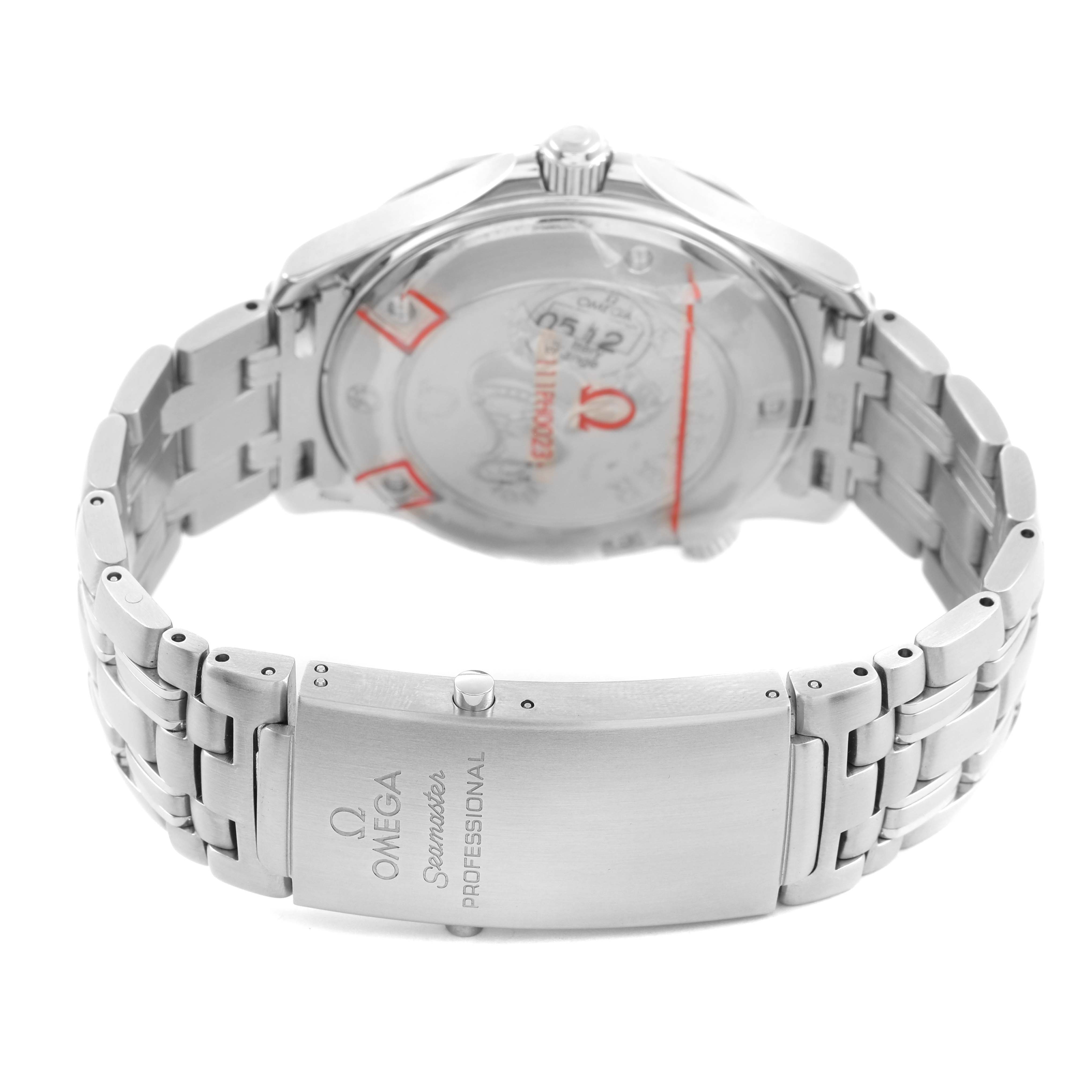 The image shows the back and clasp of an Omega Seamaster 2221.80.00 Men's Stainless Steel Blue Dial watch, highlighting the bracelet and transparent case back.
