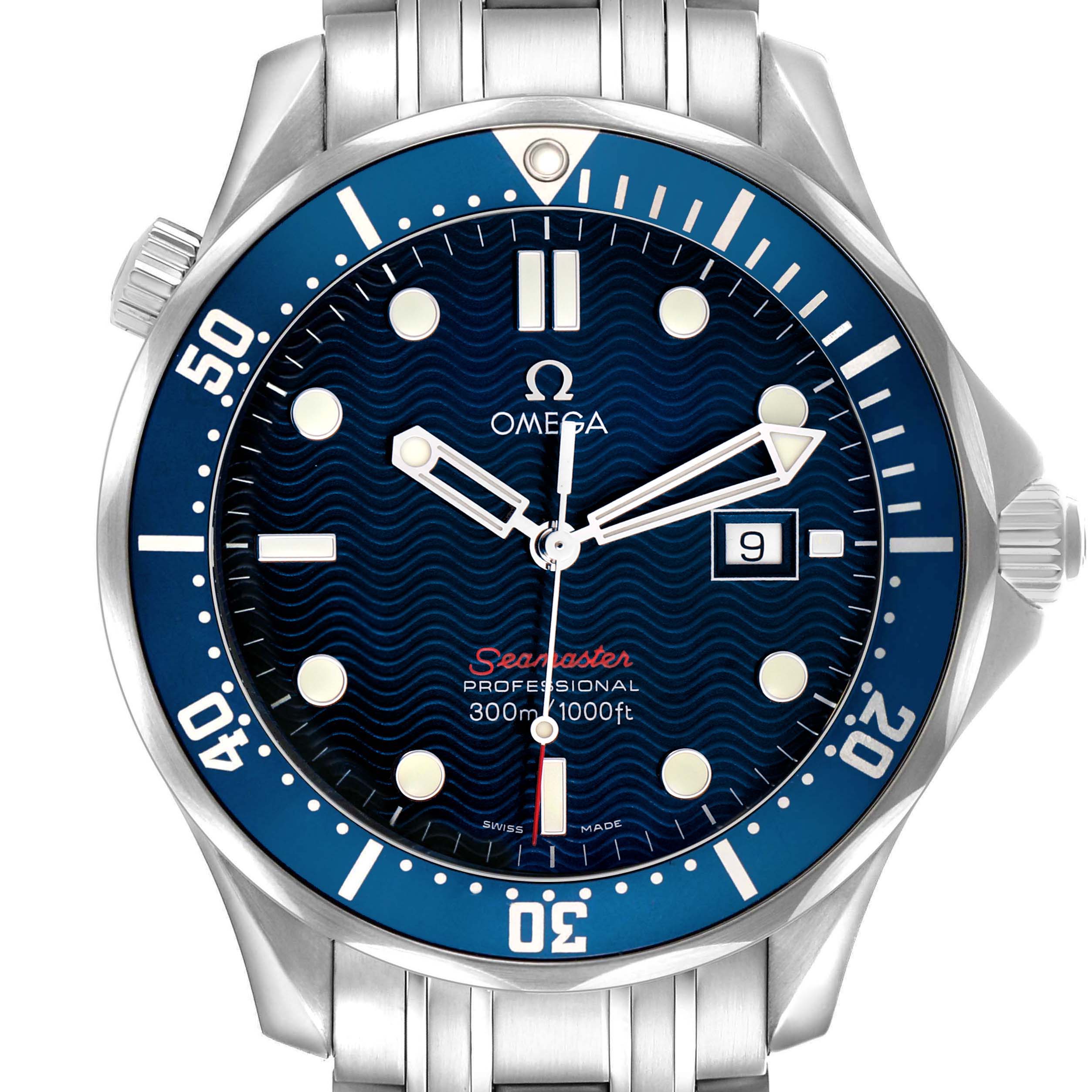 The Omega Seamaster 2221.80.00 Men's Stainless Steel Blue Dial watch is shown from the front, displaying its blue dial, bezel, and stainless steel bracelet.