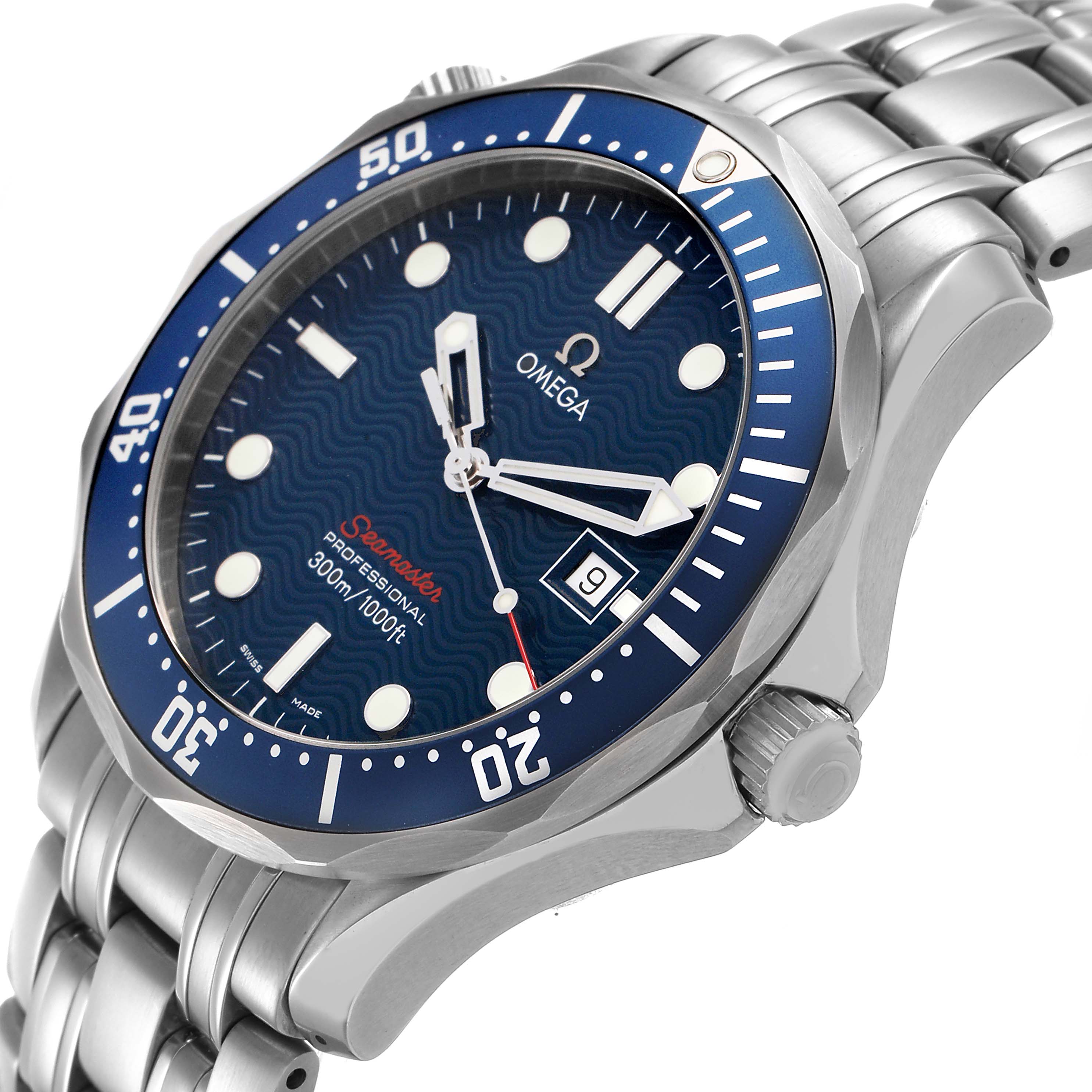 The Omega Seamaster 2221.80.00 Men's Stainless Steel Blue Dial watch is shown at an angle highlighting the dial, bezel, crown, and bracelet.