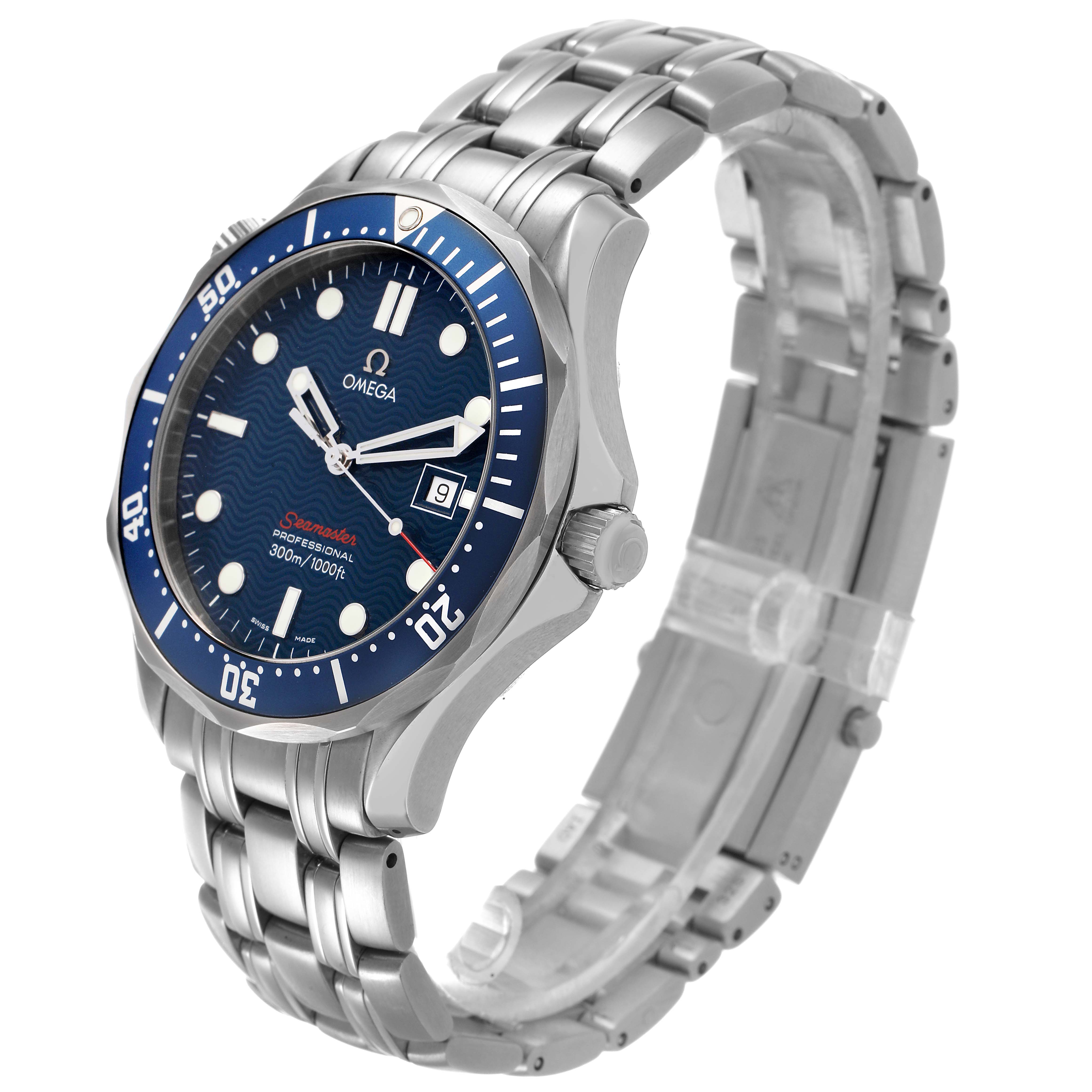 The Omega Seamaster 2221.80.00 Men's Stainless Steel Blue Dial watch is shown at a three-quarter angle, displaying its face, bezel, case, crown, and bracelet.