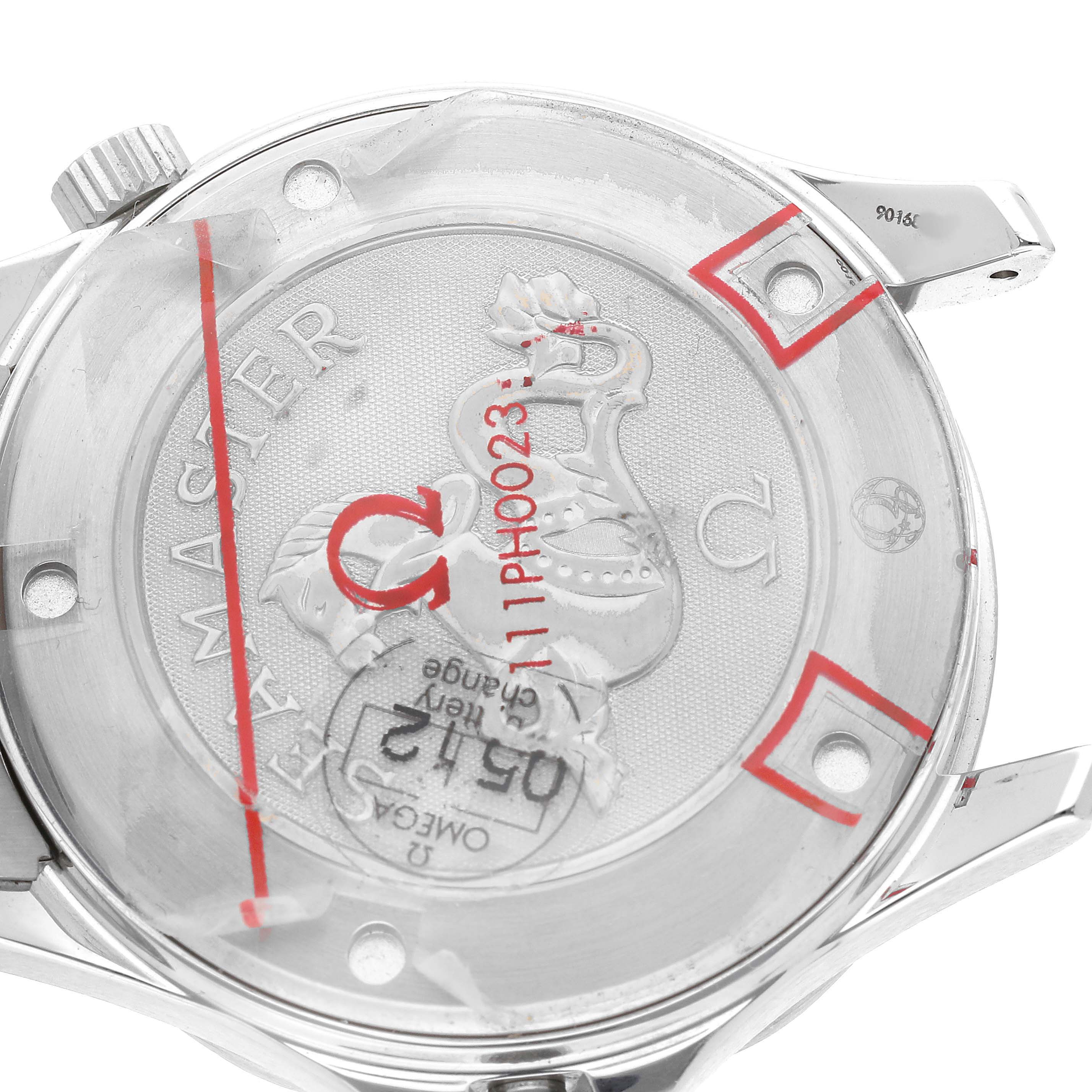 The image shows the back case of an Omega Seamaster 2221.80.00 Men's Stainless Steel Blue Dial watch, highlighting its logo and engraved design.