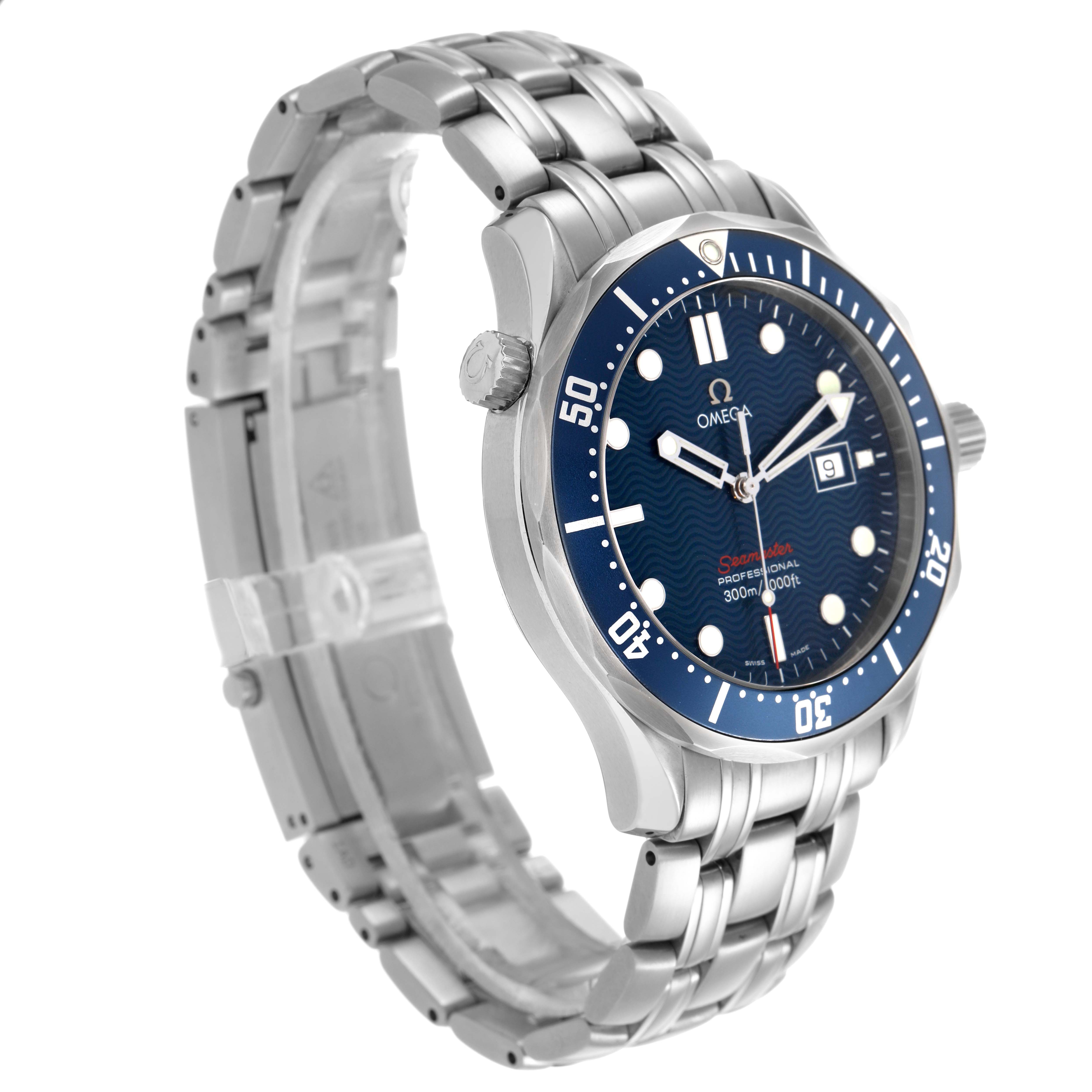 The image shows an Omega Seamaster 2221.80.00 Men's Stainless Steel Blue Dial watch at a three-quarter angle, highlighting its bezel, crown, and metal bracelet.