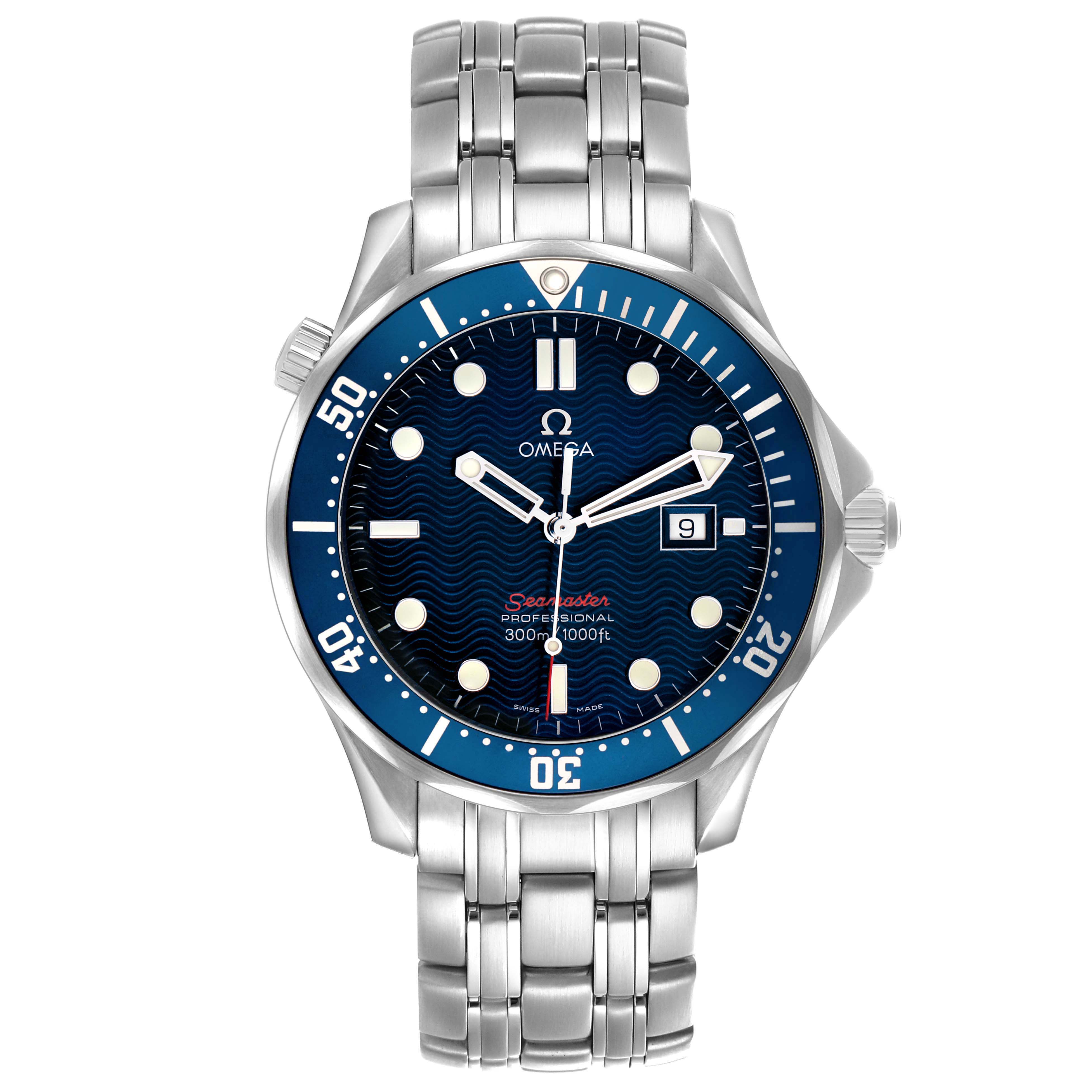 The Omega Seamaster 2221.80.00 Men's Stainless Steel Blue Dial watch is shown from the front, displaying its face, bezel, and bracelet.