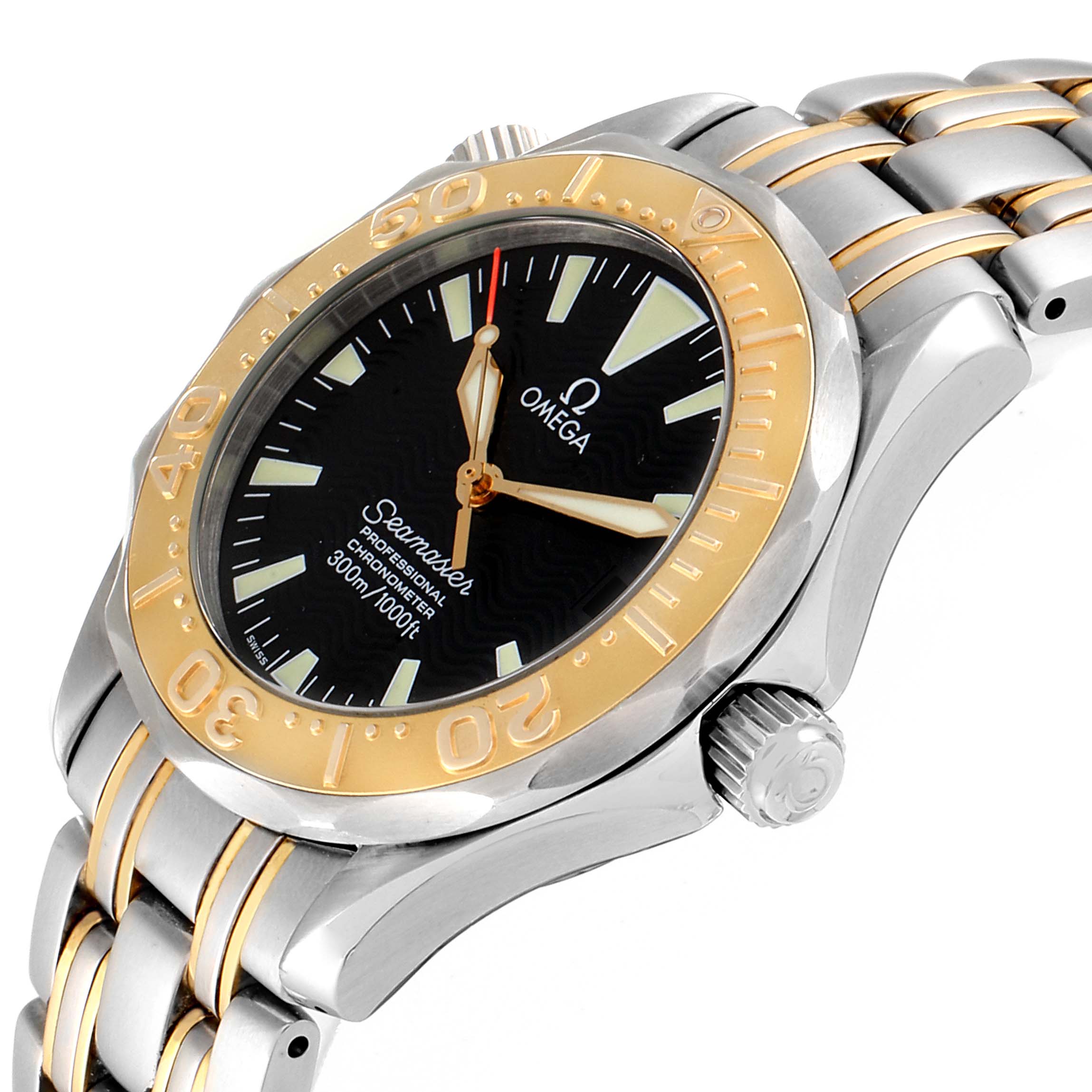 The Omega Seamaster 2453.50.00 Men's Steel and Gold (two tone) Black Dial 2453.50.00 Men's Steel and Gold (two tone) Black Dial watch is shown at an angle displaying the dial, bezel, crown, and part of the bracelet.