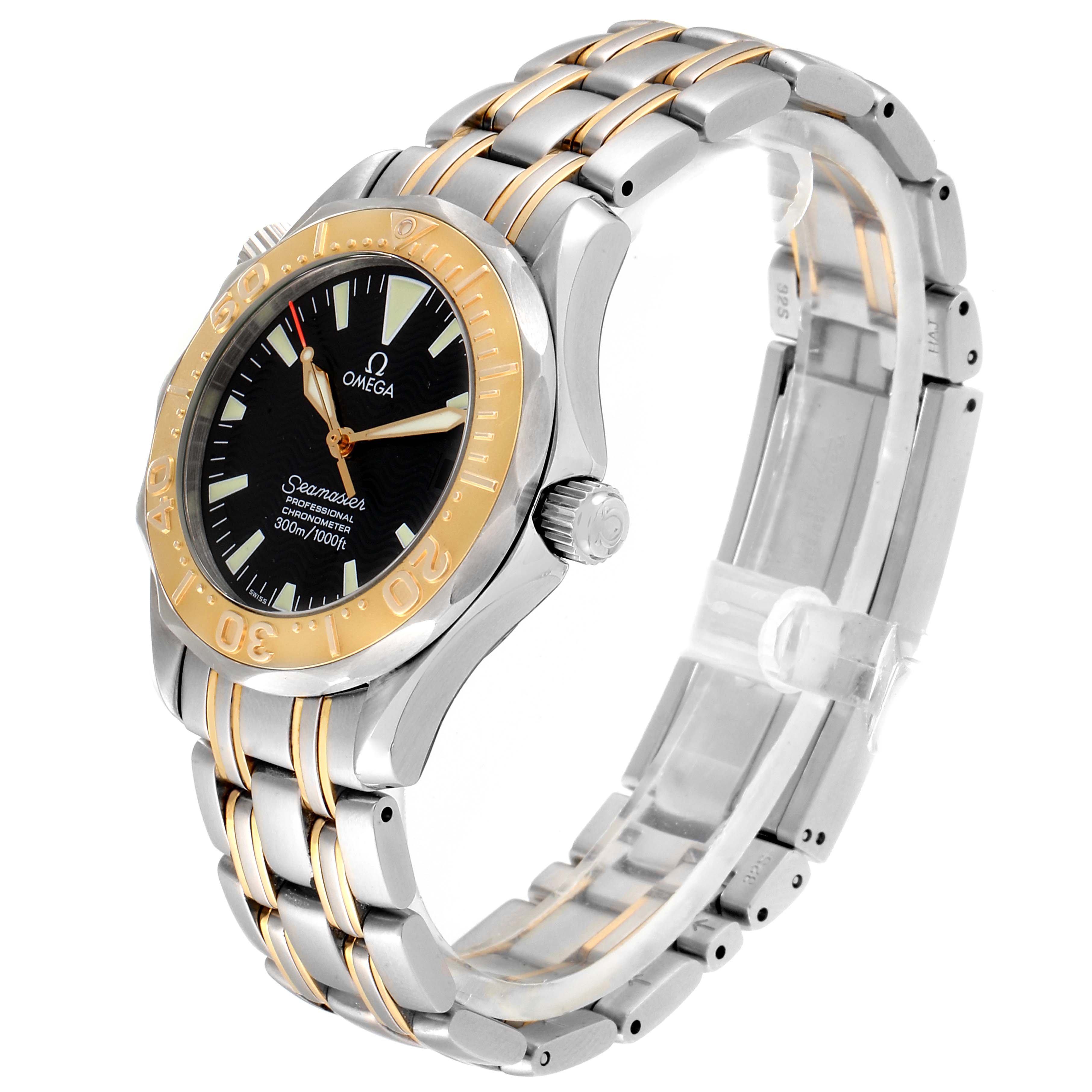 The image shows a side angle of the Omega Seamaster 2453.50.00 Men's Steel and Gold (two tone) Black Dial 2453.50.00 Men's Steel and Gold (two tone) Black Dial watch, highlighting its bracelet, bezel, crown, and dial.