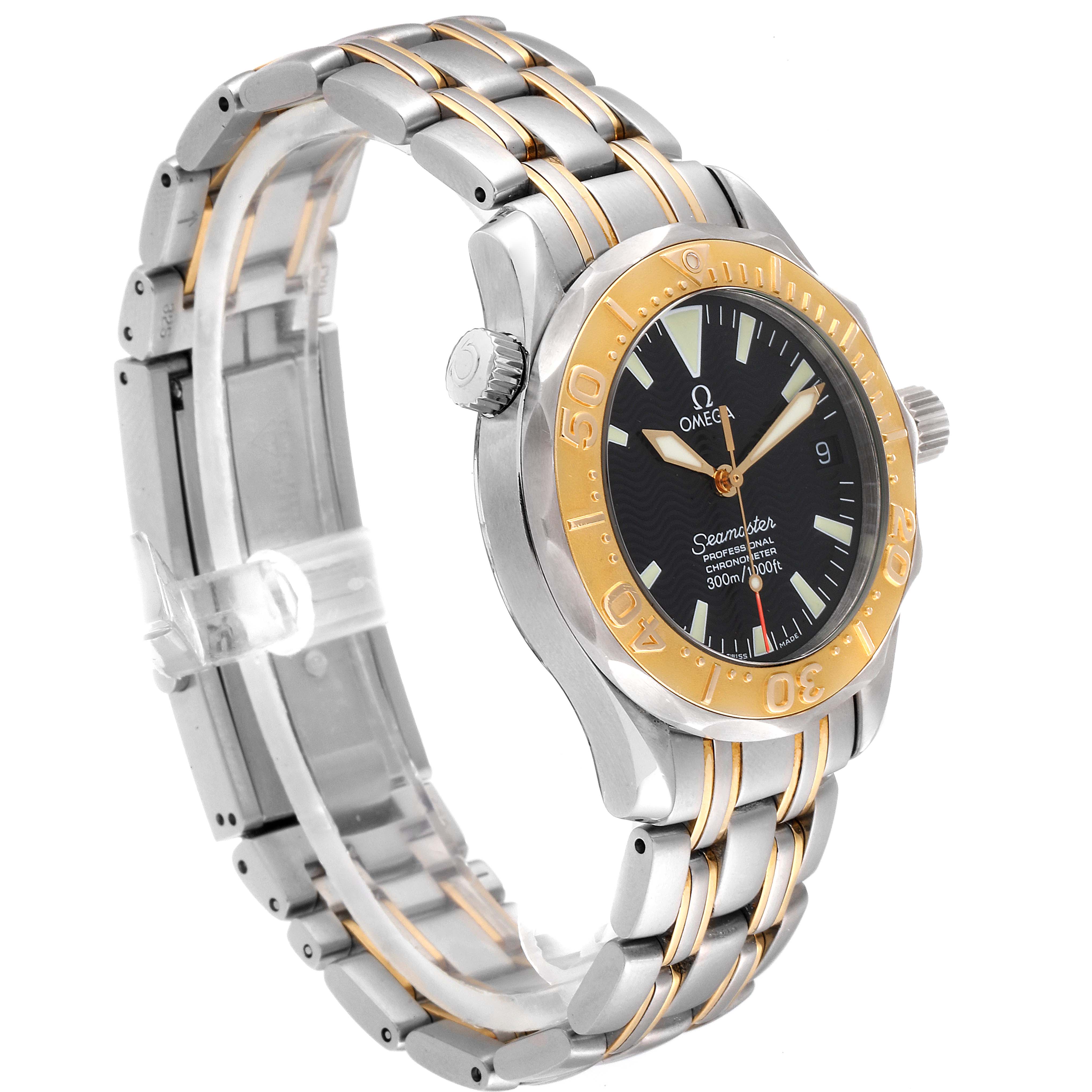 The image shows an Omega Seamaster 2453.50.00 Men's Steel and Gold (two tone) Black Dial 2453.50.00 Men's Steel and Gold (two tone) Black Dial watch at a three-quarter angle, highlighting its two-tone bracelet and bezel.