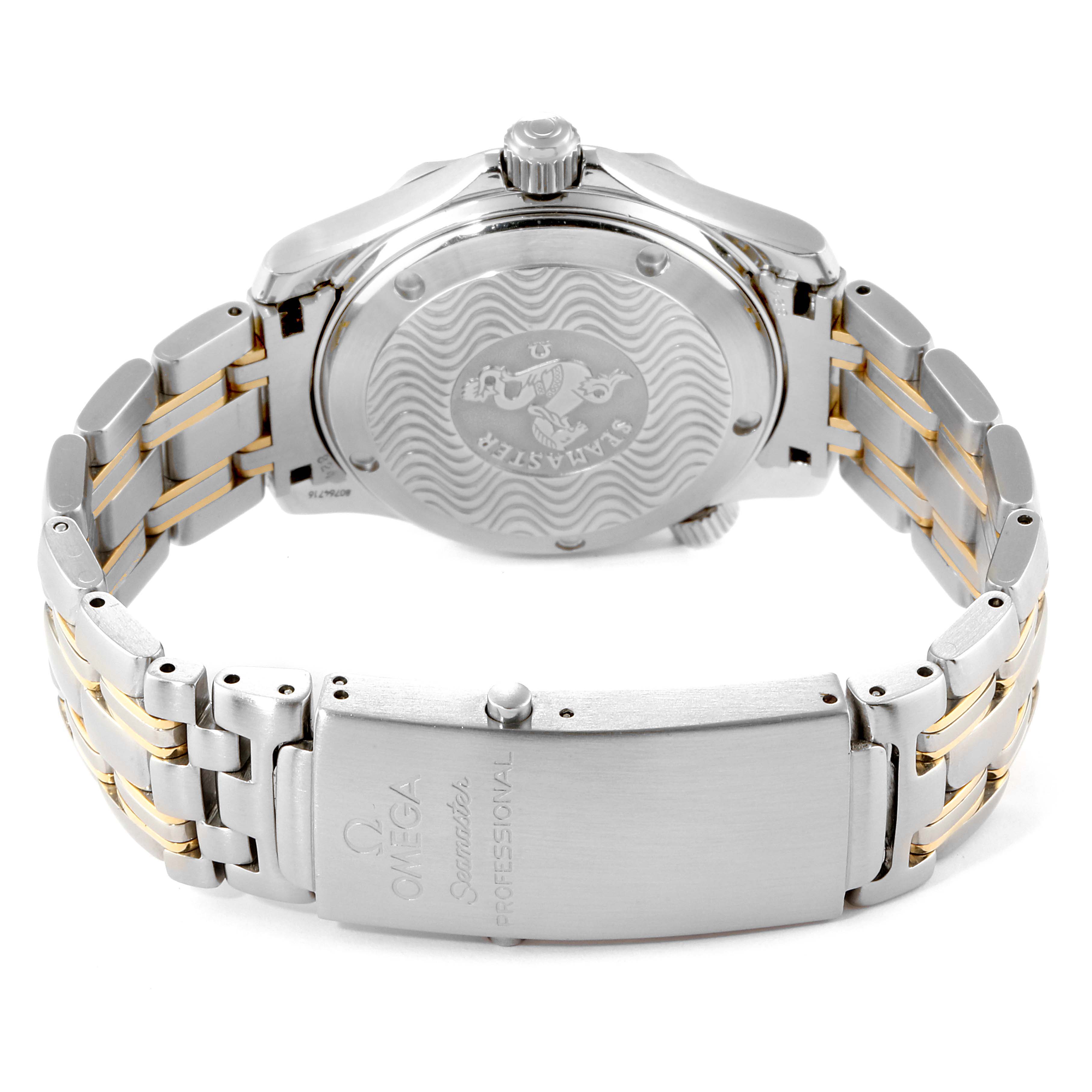 This image shows the back of the Omega Seamaster 2453.50.00 Men's Steel and Gold (two tone) Black Dial 2453.50.00 Men's Steel and Gold (two tone) Black Dial watch and part of its bracelet, highlighting the case back and clasp.