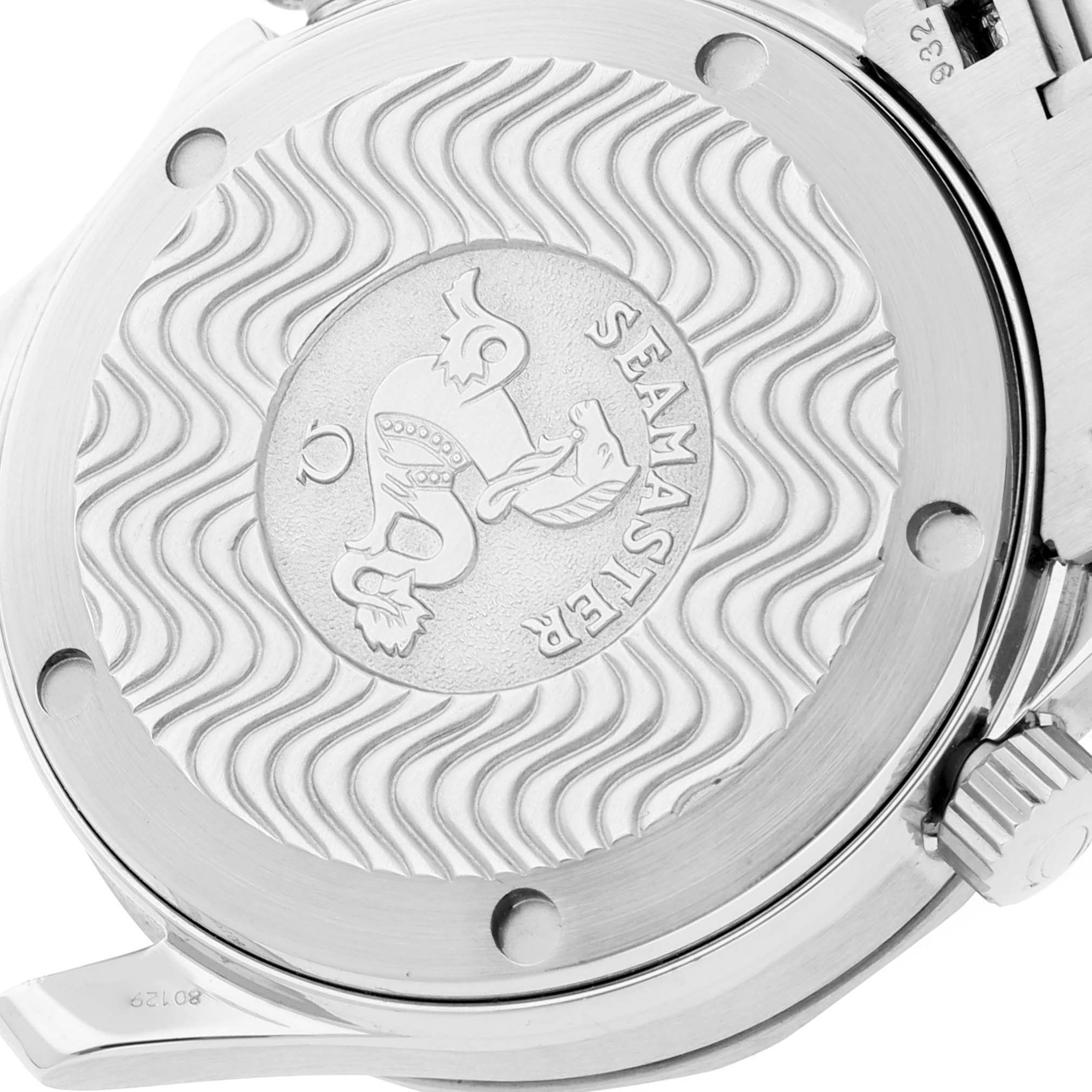 This image shows the engraved back case of an Omega Seamaster 2252.50.00 Men's Stainless Steel Black Dial 2252.50.00 Men's Stainless Steel Black Dial watch, highlighting the wave pattern and emblem.