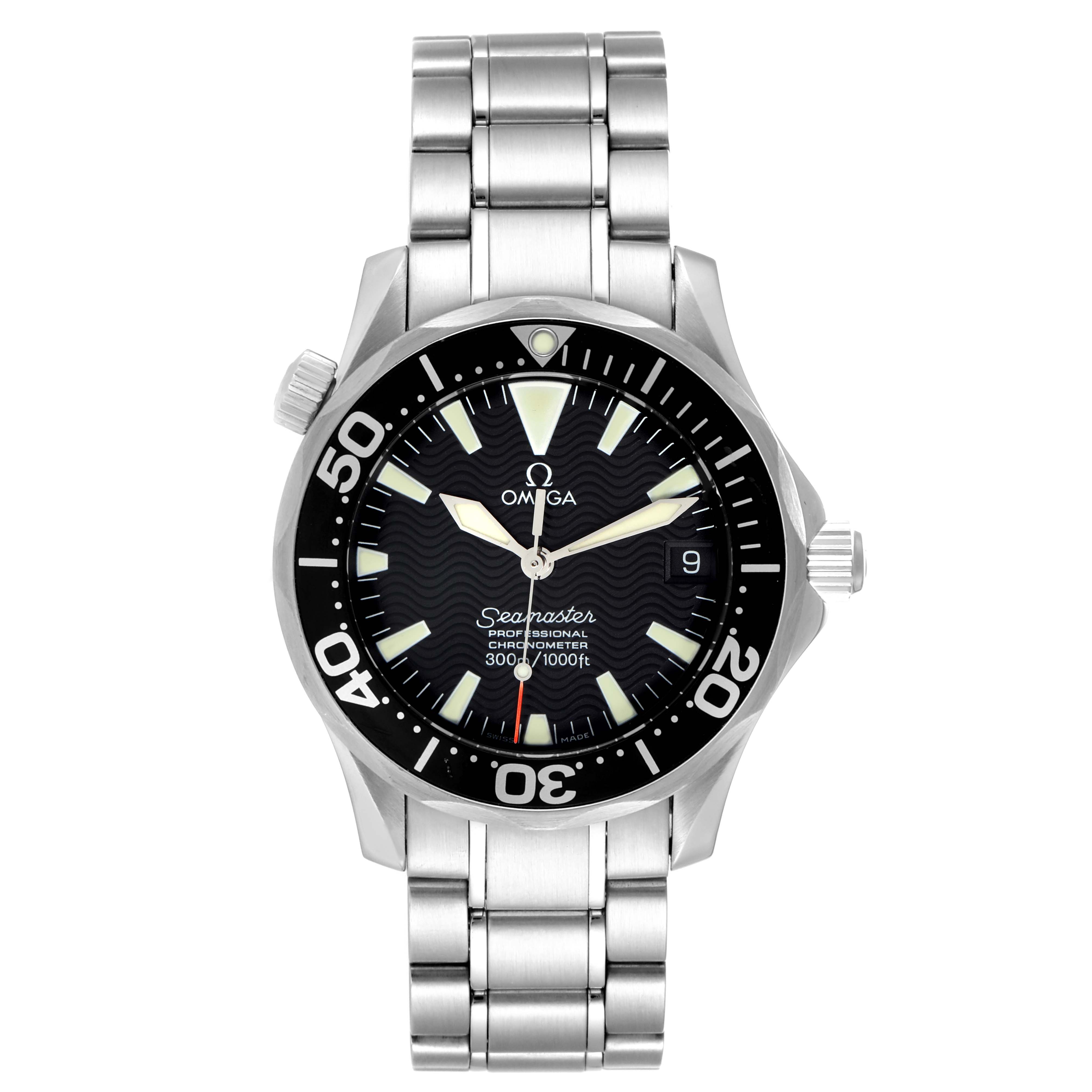 The Omega Seamaster 2252.50.00 Men's Stainless Steel Black Dial 2252.50.00 Men's Stainless Steel Black Dial watch is shown from a front angle, displaying the face, bezel, and metal bracelet.