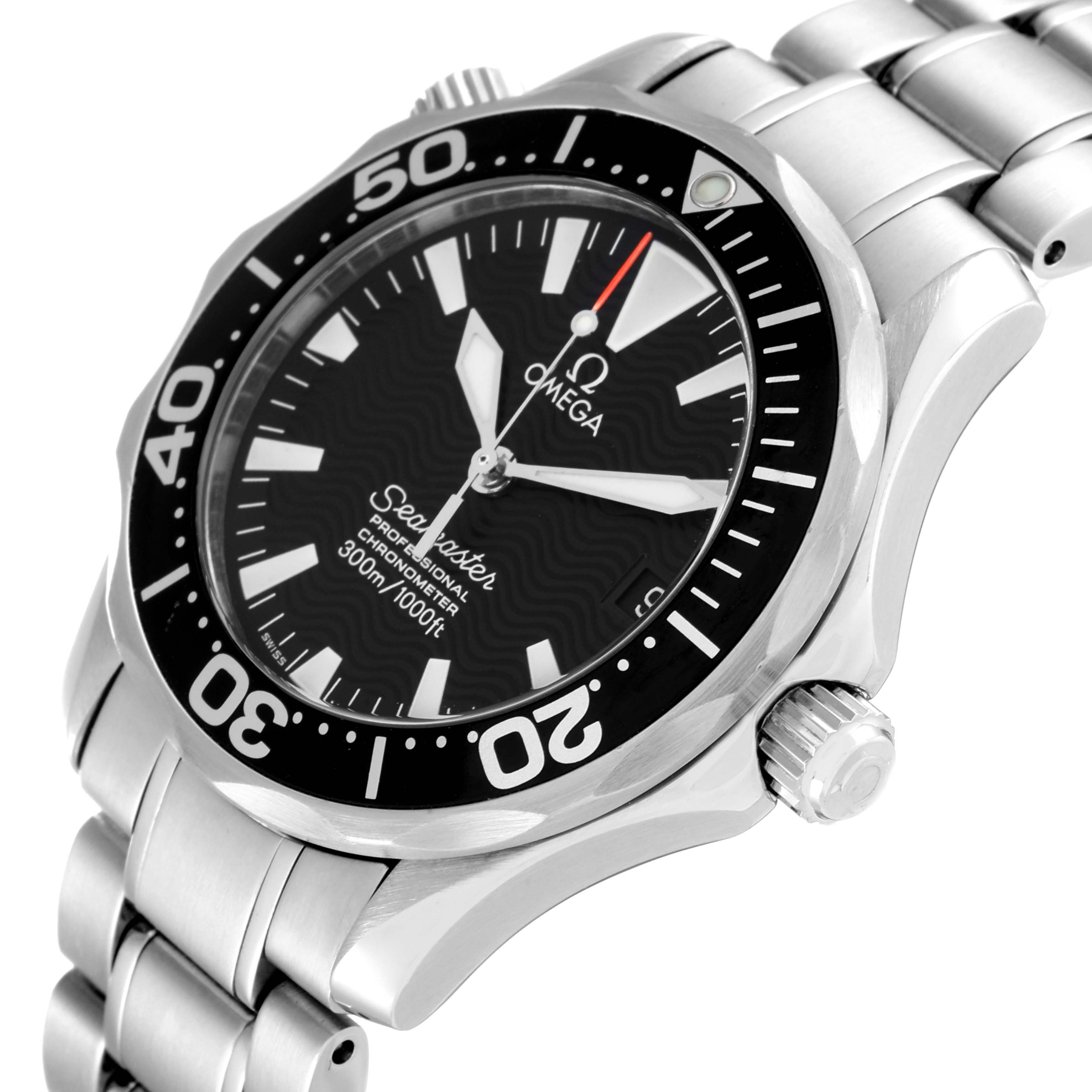 This image shows an angled view of the Omega Seamaster 2252.50.00 Men's Stainless Steel Black Dial 2252.50.00 Men's Stainless Steel Black Dial watch, highlighting the face, bezel, crown, and part of the metal bracelet.