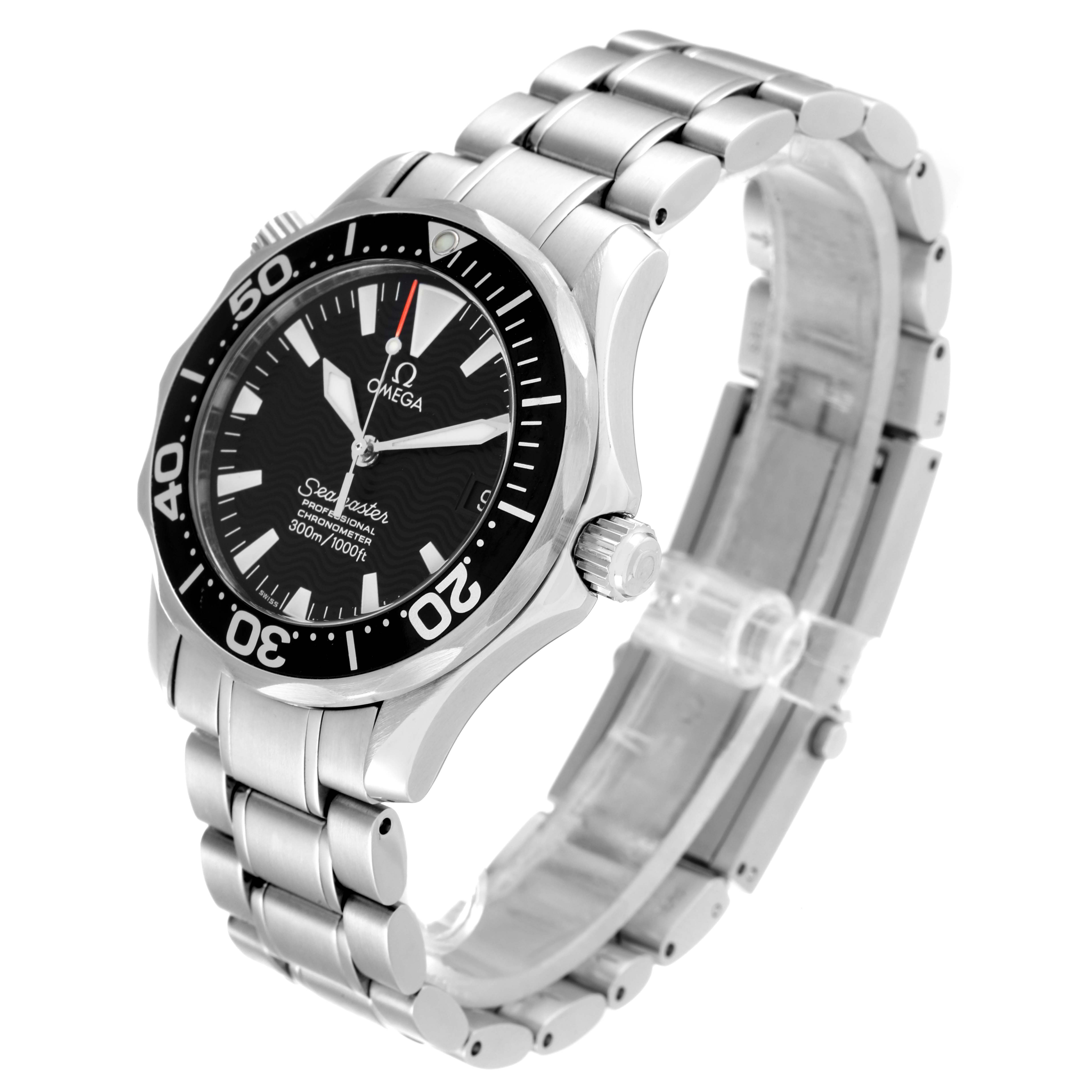 The Omega Seamaster 2252.50.00 Men's Stainless Steel Black Dial 2252.50.00 Men's Stainless Steel Black Dial watch is angled from the front-left, displaying the dial, bezel, bracelet, and crown.