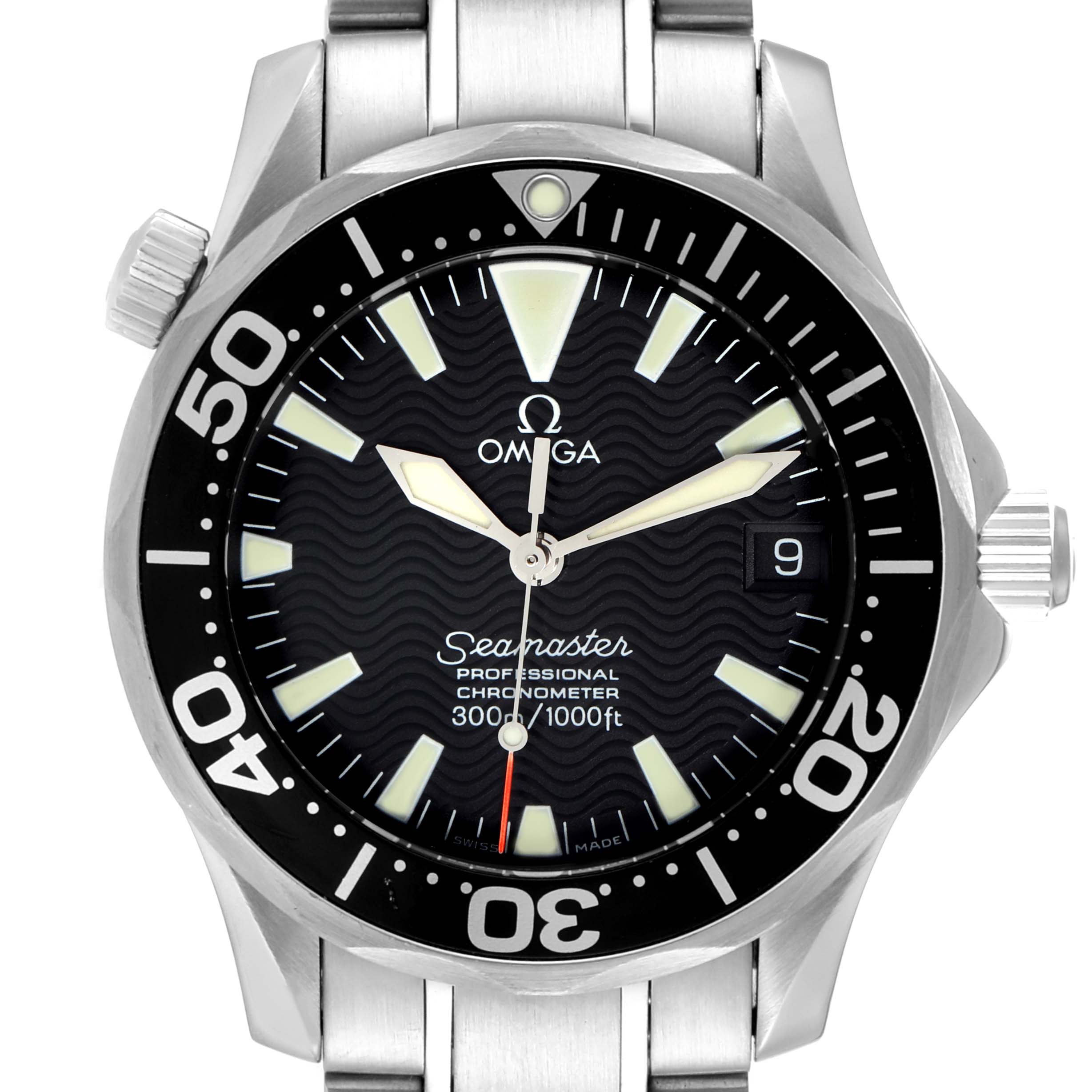 The image shows a front view of an Omega Seamaster 2252.50.00 Men's Stainless Steel Black Dial 2252.50.00 Men's Stainless Steel Black Dial watch, highlighting its dial, hands, bezel, and part of its bracelet.