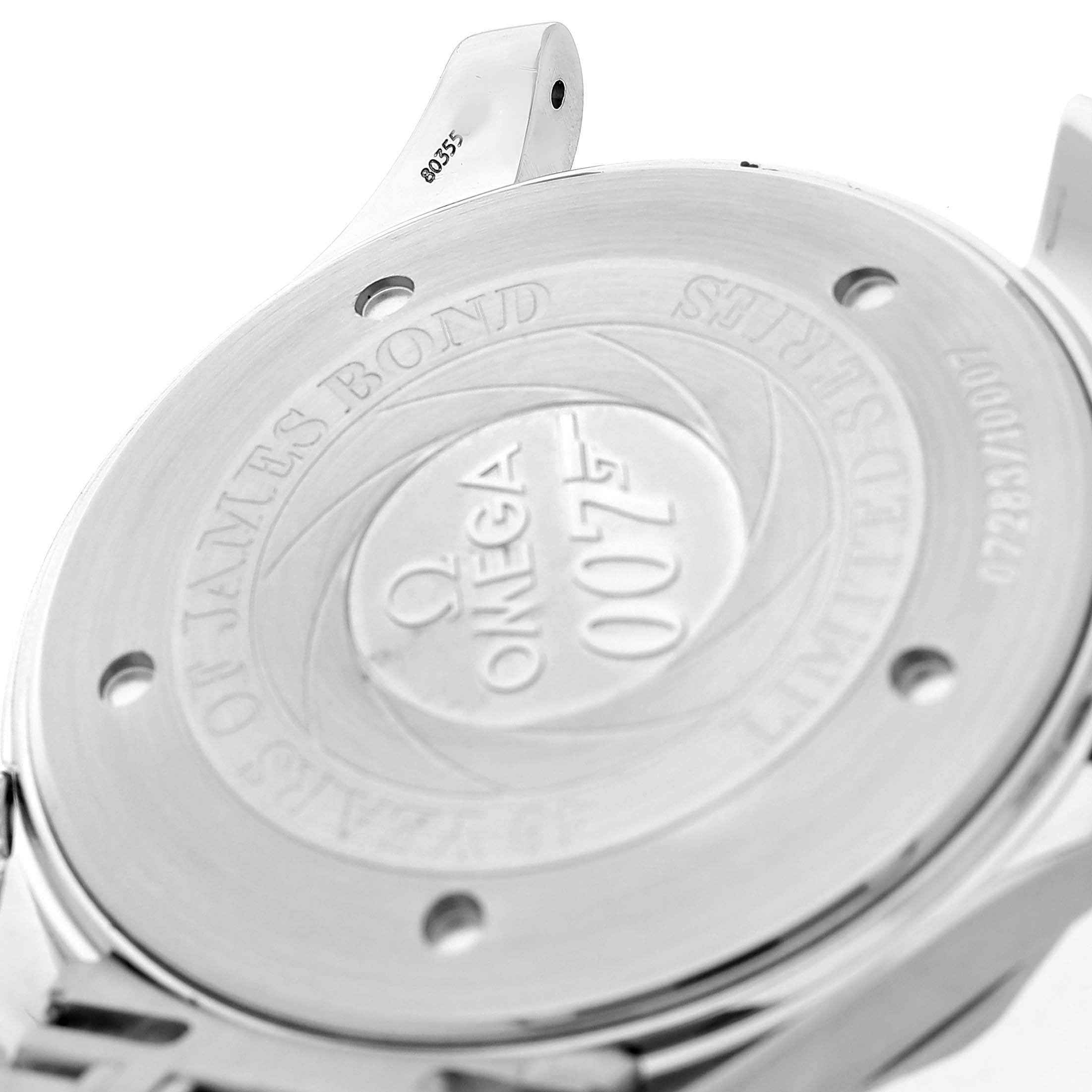 The image shows the case back of an Omega Seamaster 2537.80.00 Men's Stainless Steel Blue Dial model, highlighting engraved text and design details.