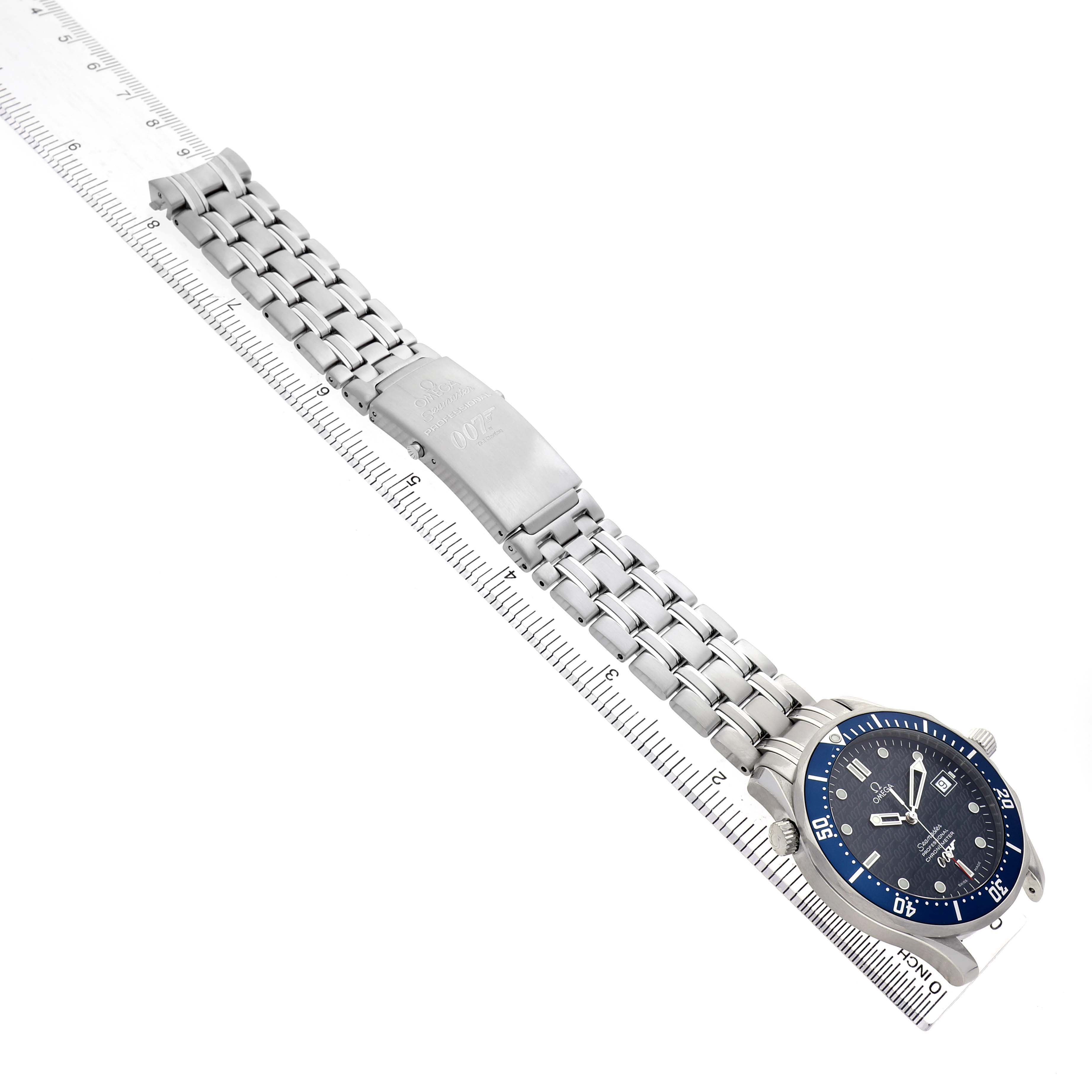 The Omega Seamaster 2537.80.00 Men's Stainless Steel Blue Dial watch is shown at a diagonal angle, featuring the bezel, dial, and metal bracelet clasp.