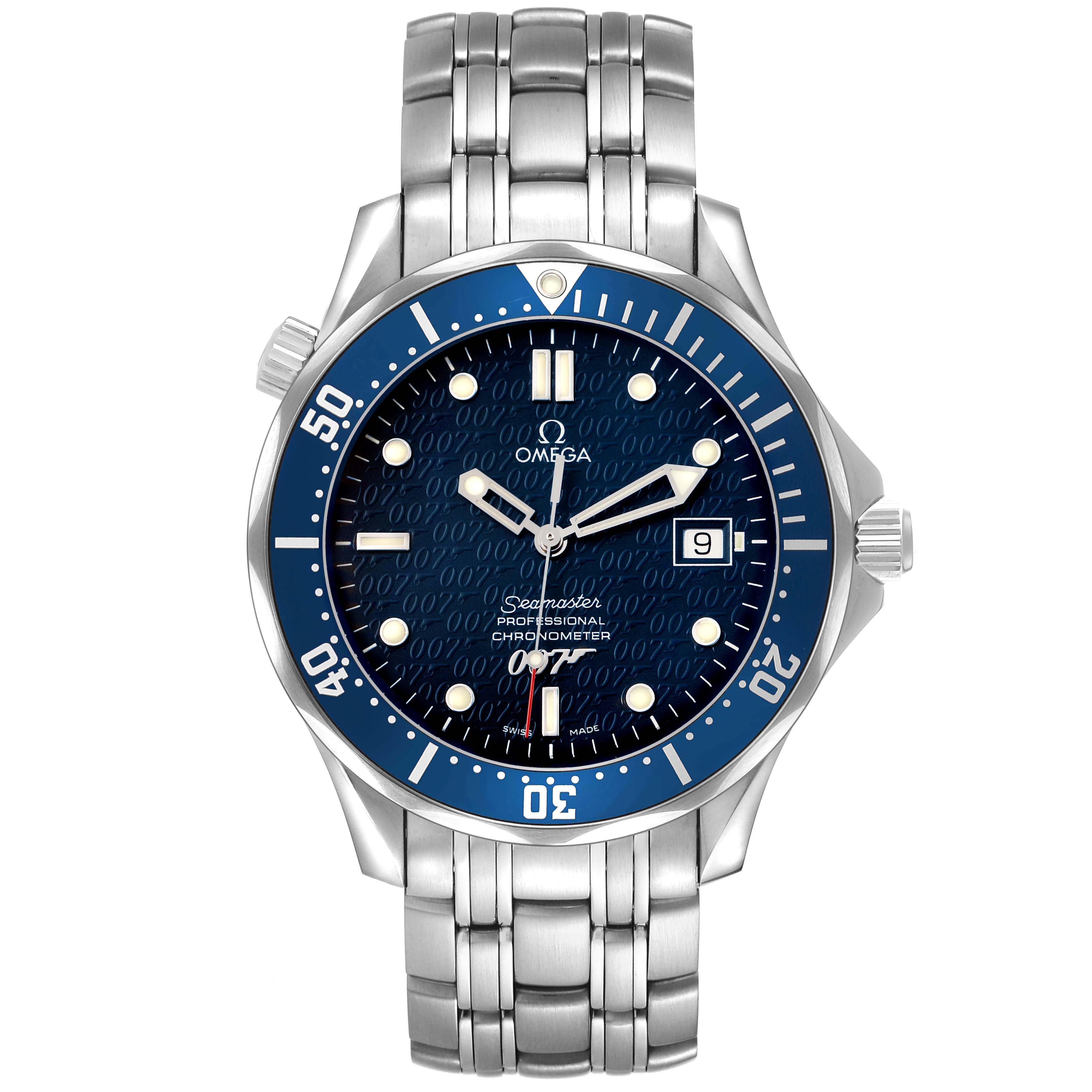 The Omega Seamaster 2537.80.00 Men's Stainless Steel Blue Dial watch is shown from the front, displaying the dial, bezel, crown, and metallic bracelet.