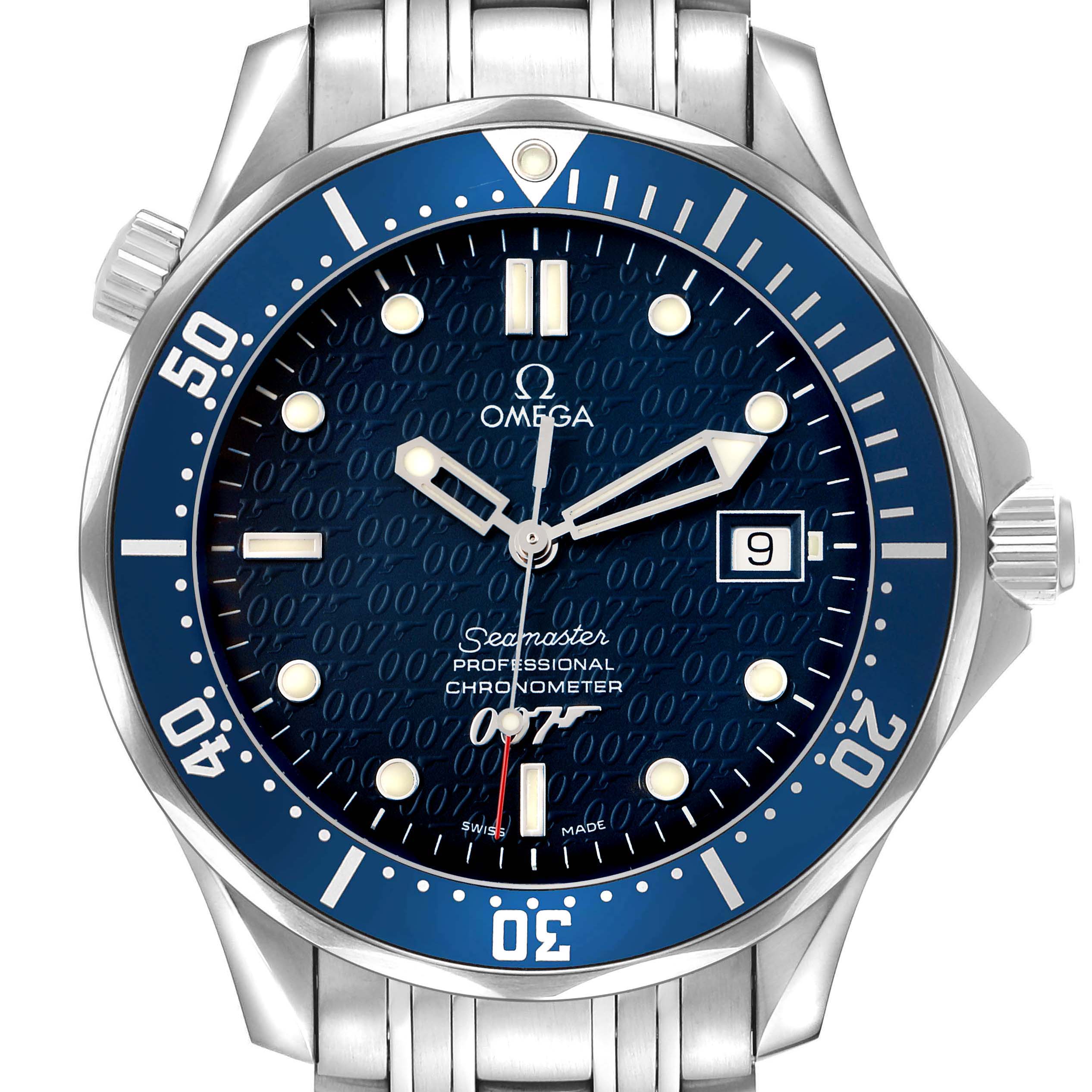 The Omega Seamaster 2537.80.00 Men's Stainless Steel Blue Dial is shown from a front angle, displaying the blue dial, bezel, indices, hands, and date window.