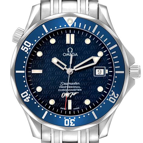This image shows a front view of the Omega Seamaster 2537.80.00 Men's Stainless Steel Blue Dial watch, highlighting the blue dial, bezel, and stainless steel bracelet.