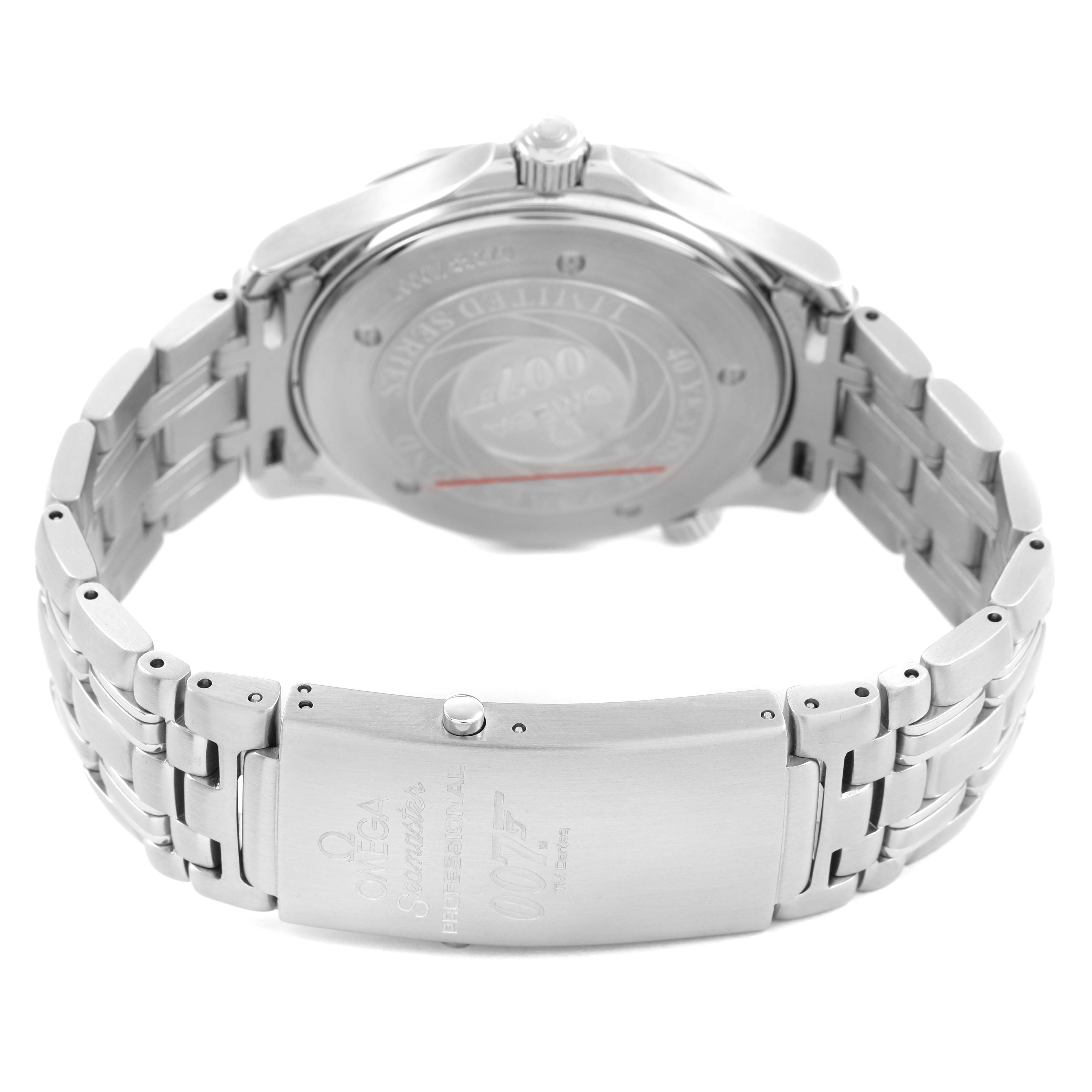 The image shows the back and bracelet clasp of the Omega Seamaster 2537.80.00 Men's Stainless Steel Blue Dial, displaying the engraved logos and design details.