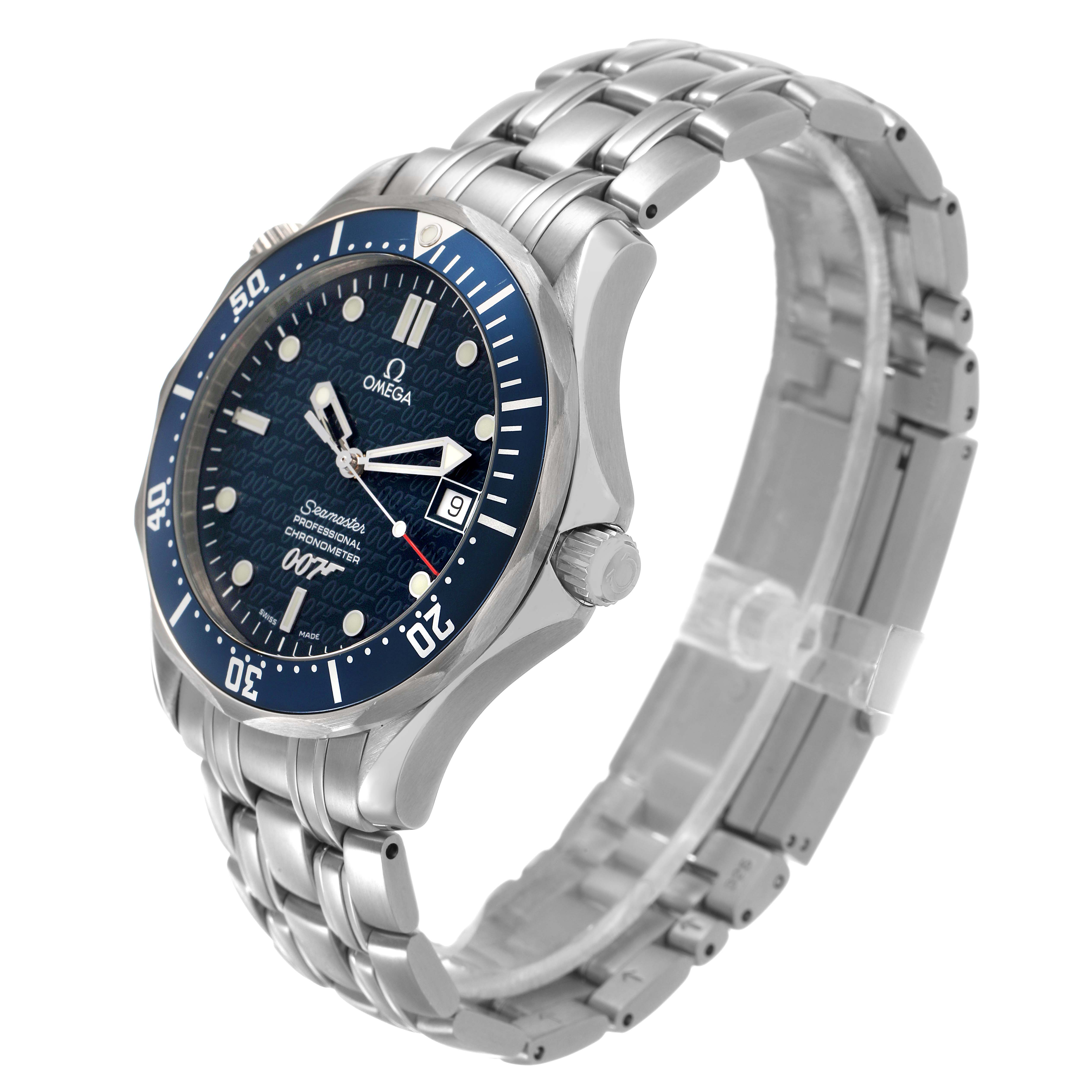 The Omega Seamaster 2537.80.00 Men's Stainless Steel Blue Dial watch is shown at an angled perspective highlighting the face, crown, and bracelet.