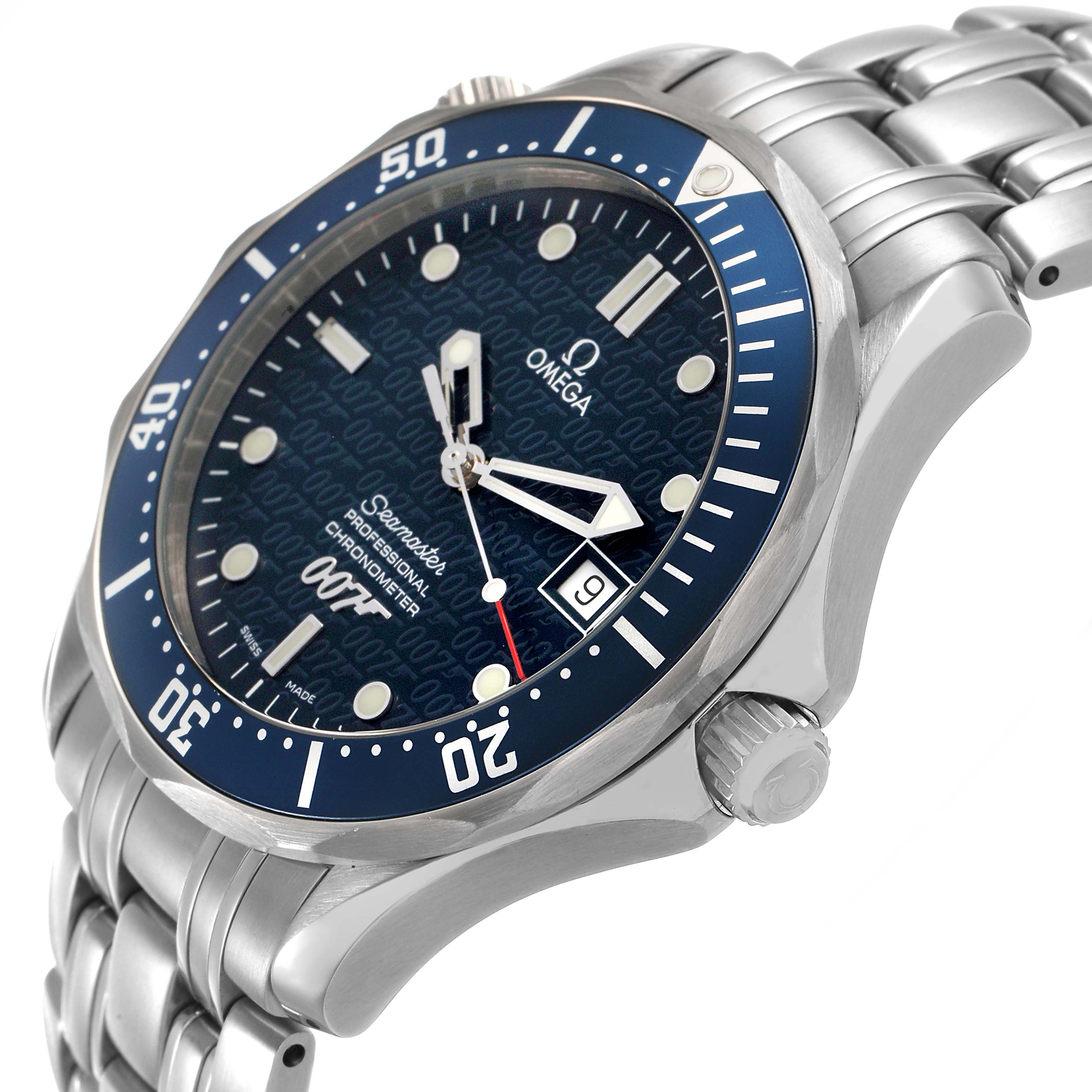 The Omega Seamaster 2537.80.00 Men's Stainless Steel Blue Dial watch is shown at an oblique angle displaying the dial, bezel, crown, and bracelet.