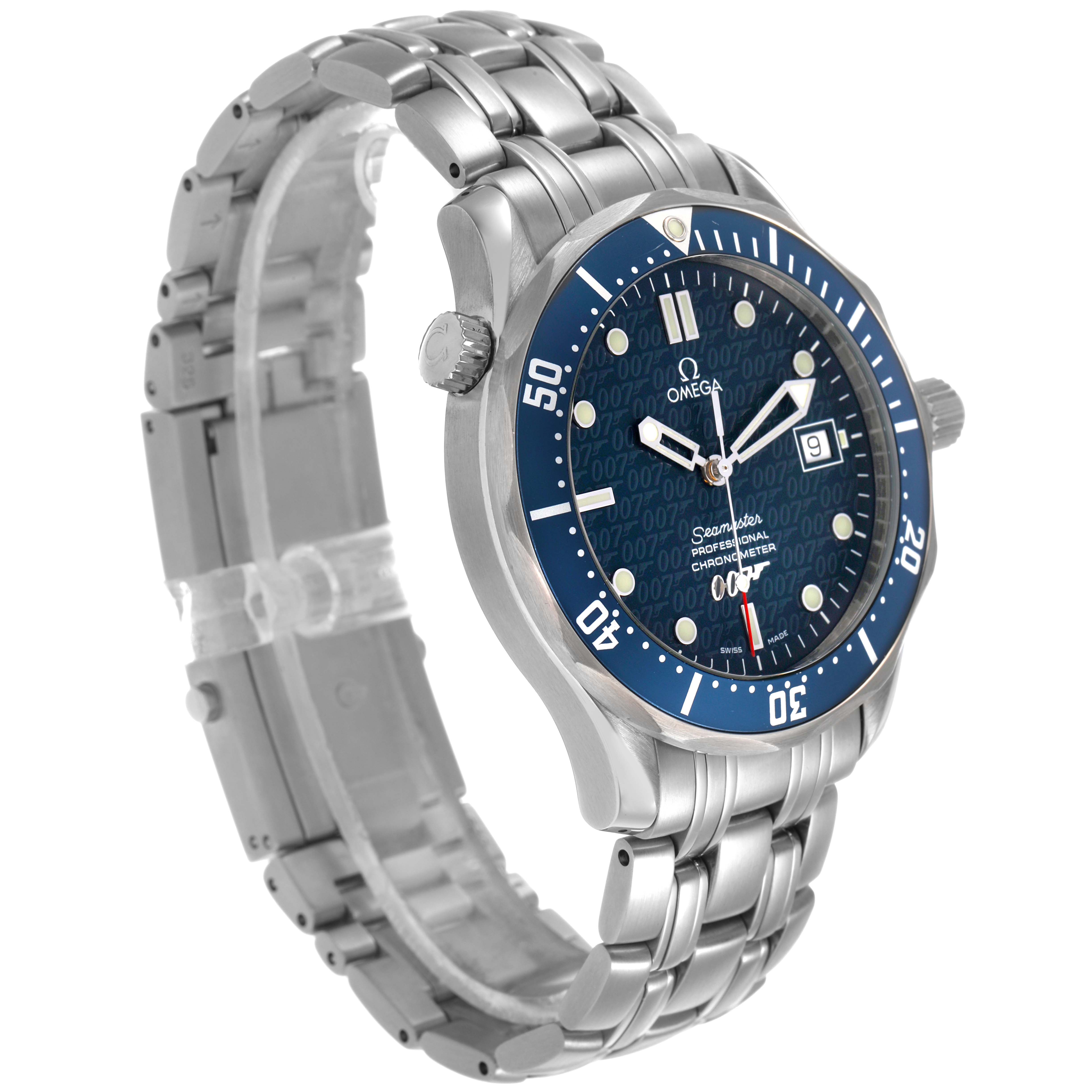 The Omega Seamaster 2537.80.00 Men's Stainless Steel Blue Dial model watch is shown at a three-quarter angle, highlighting the face, bezel, lugs, and stainless steel bracelet.