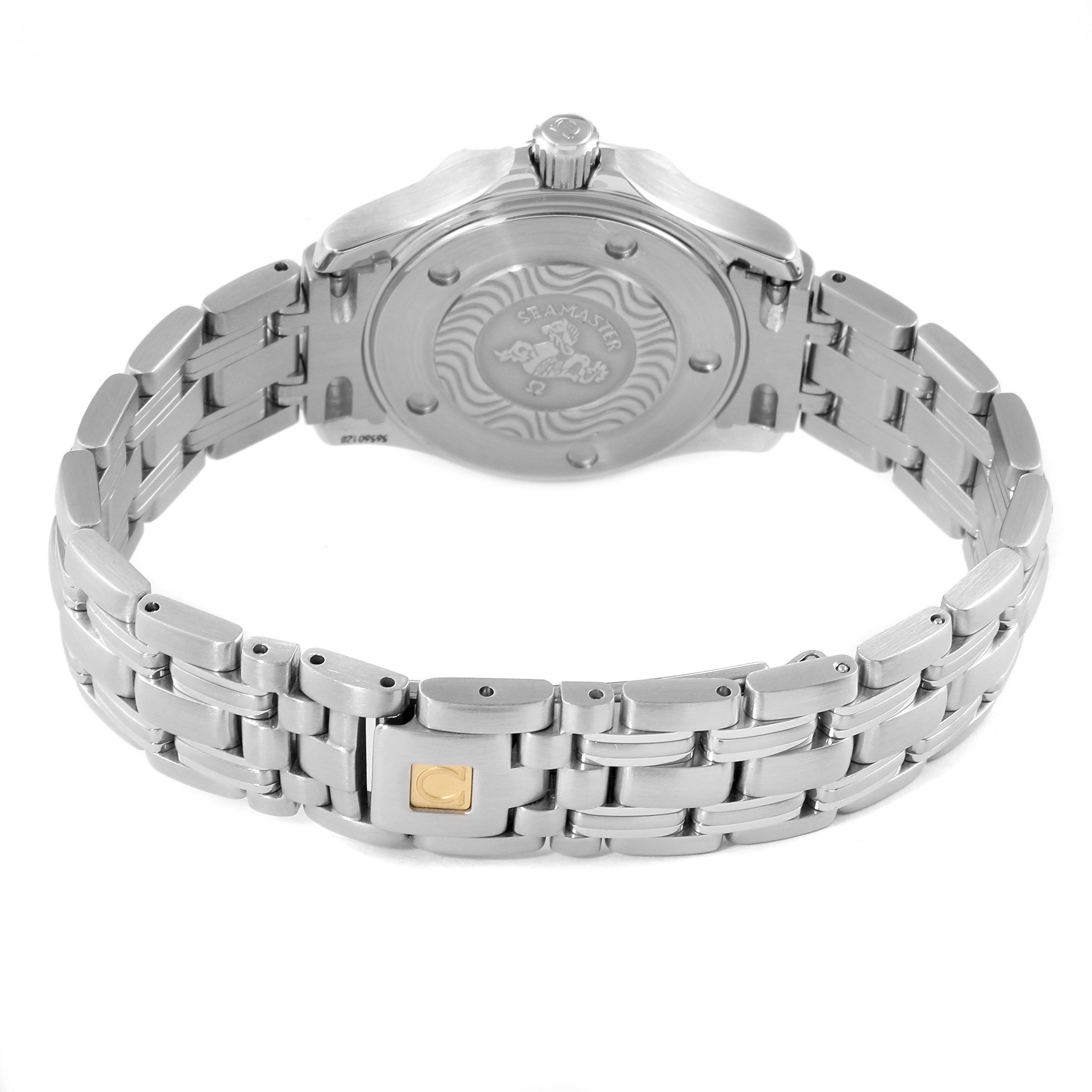 The Omega 2583.80.00 Women
s Stainless Steel Blue Dial 2583.80.00 Women
s Stainless Steel Blue Dial Seamaster Diver 300M 28mm Steel Ladies Watch model 2583.80.00 is shown from the rear, highlighting the case back and bracelet.