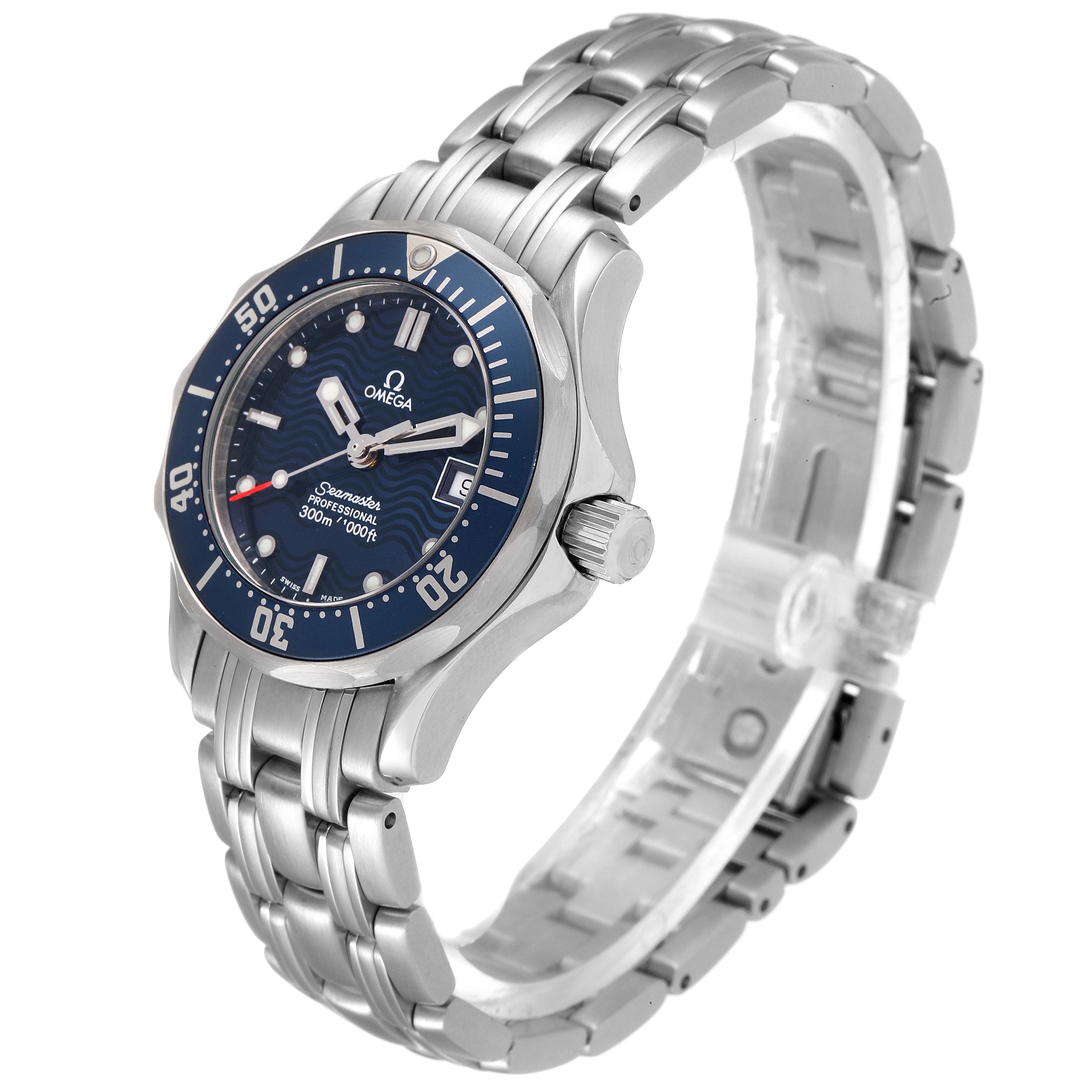 The Omega 2583.80.00 Women
s Stainless Steel Blue Dial 2583.80.00 Women
s Stainless Steel Blue Dial Seamaster Diver 300M 28mm Steel Ladies Watch 2583.80.00 is shown at a slight angle, highlighting the face, bezel, and bracelet.