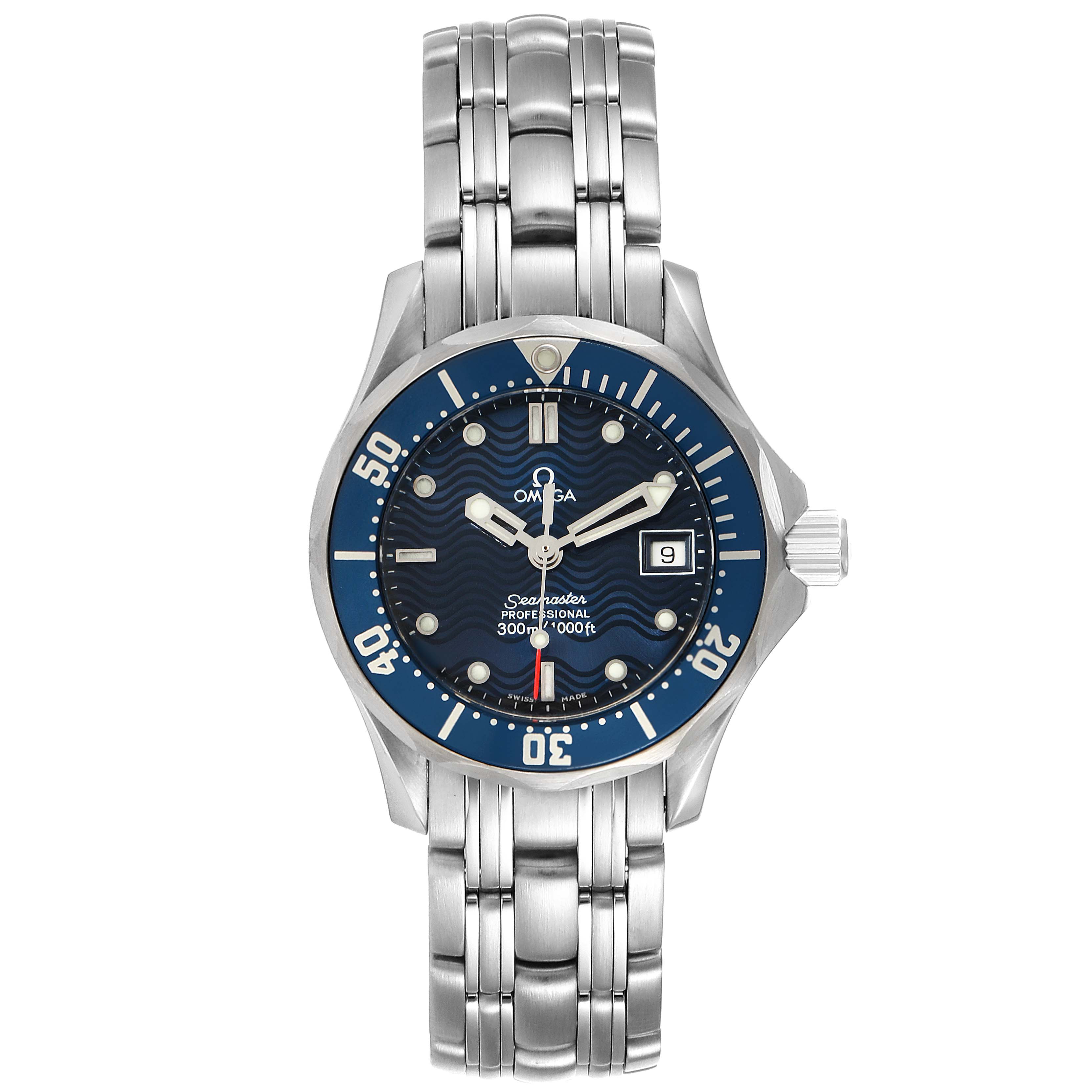 The image shows a front view of the Omega 2583.80.00 Women
s Stainless Steel Blue Dial 2583.80.00 Women
s Stainless Steel Blue Dial Seamaster Diver 300M 28mm Steel Ladies Watch 2583.80.00, displaying the face, bezel, and bracelet.