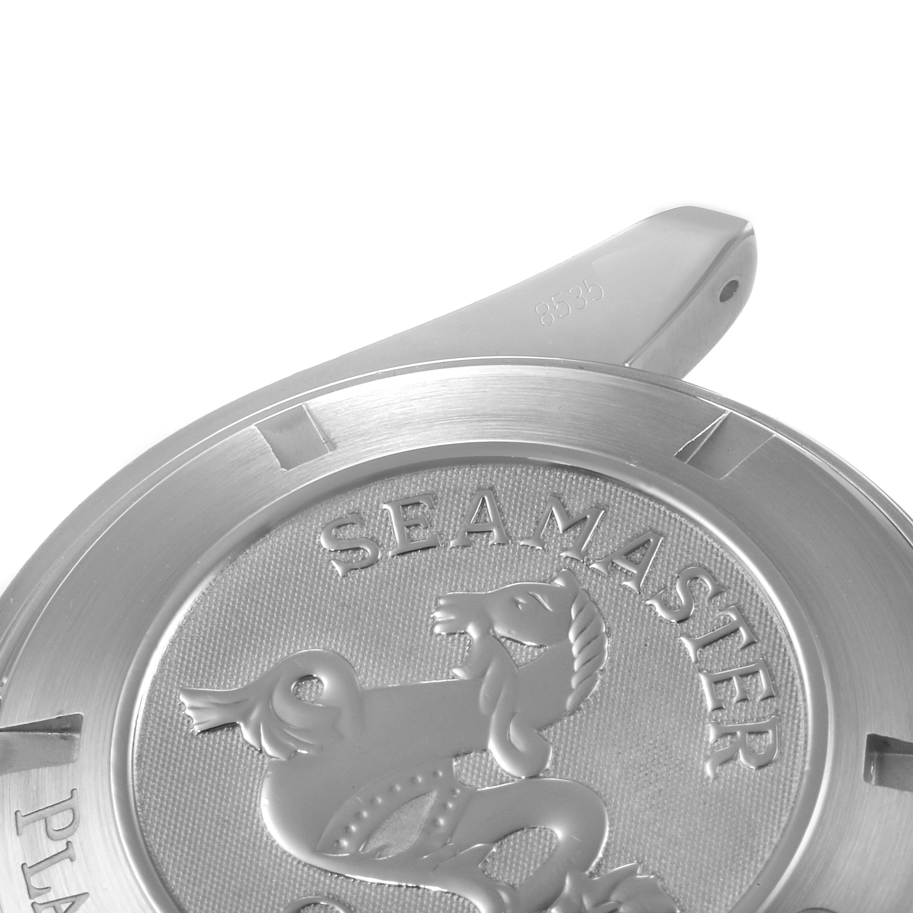 This image shows the case back of the Omega Planet Ocean 2208.50.00 Men
s Stainless Steel Black Dial 2208.50.00 Men
s Stainless Steel Black Dial watch, showcasing the Seamaster logo engraving.