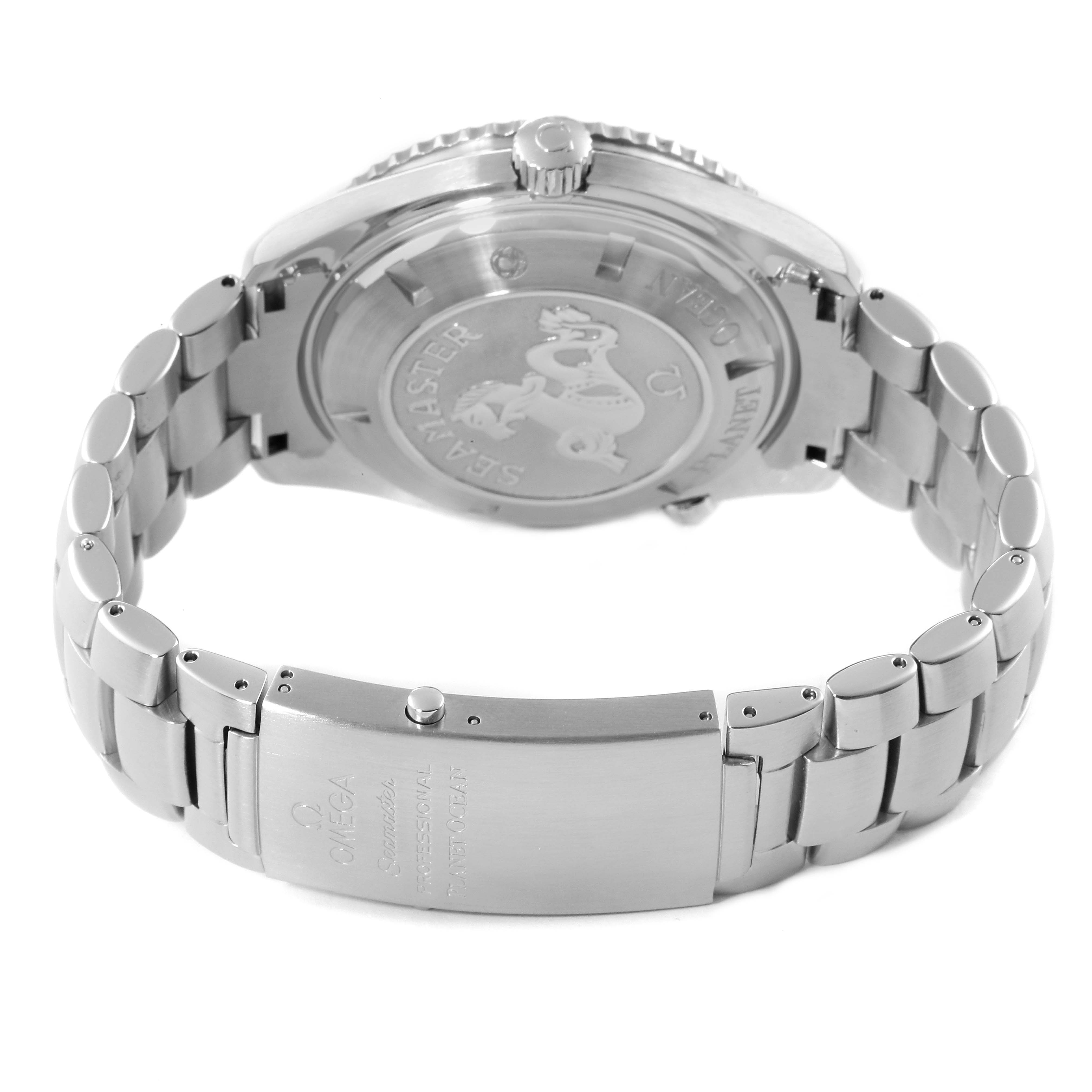 The image shows the back view and bracelet of an Omega Planet Ocean 2208.50.00 Men
s Stainless Steel Black Dial 2208.50.00 Men
s Stainless Steel Black Dial watch, highlighting the clasp and case back details.