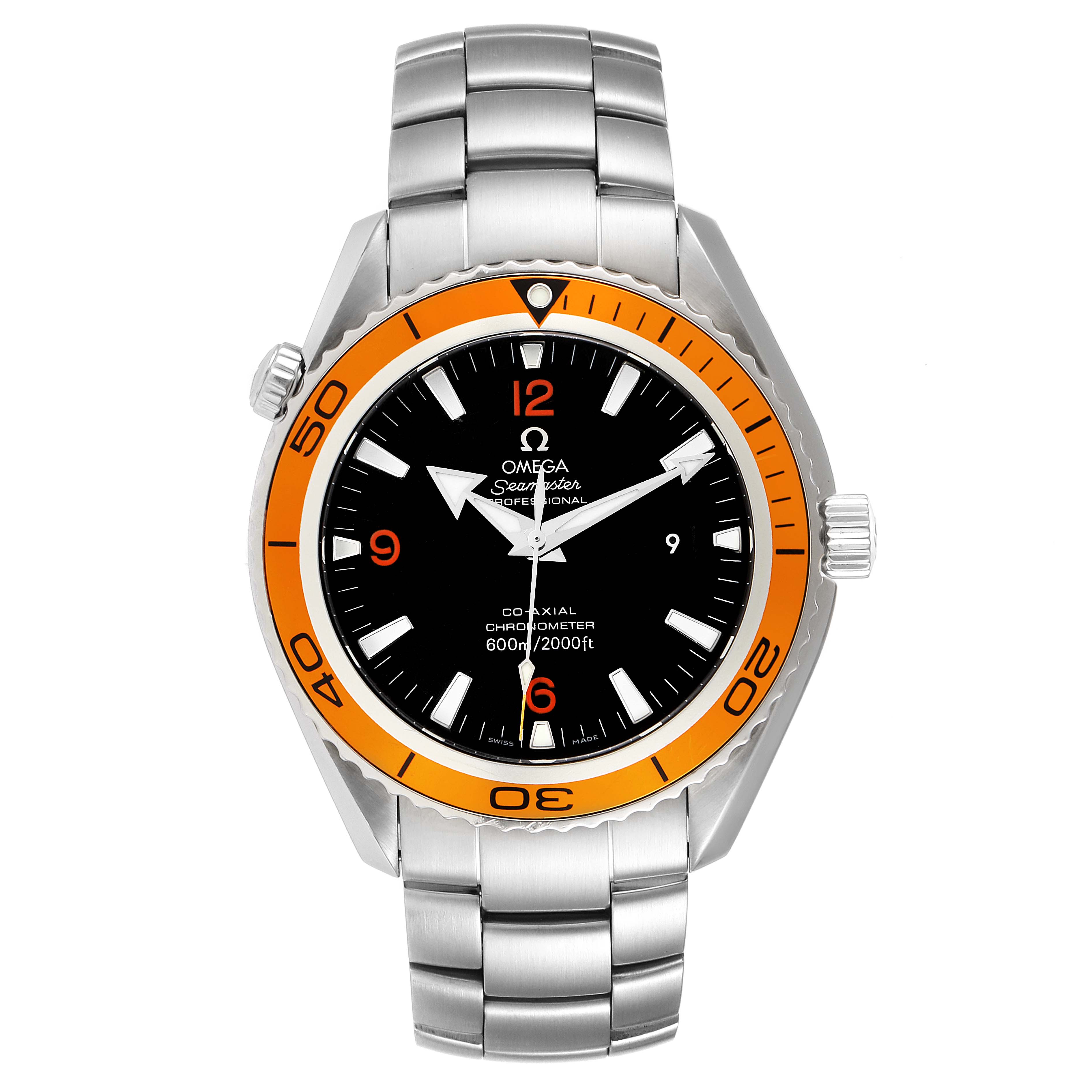 The image shows a front view of an Omega Planet Ocean 2208.50.00 Men
s Stainless Steel Black Dial 2208.50.00 Men
s Stainless Steel Black Dial watch, highlighting its orange bezel, black dial, and stainless steel bracelet.