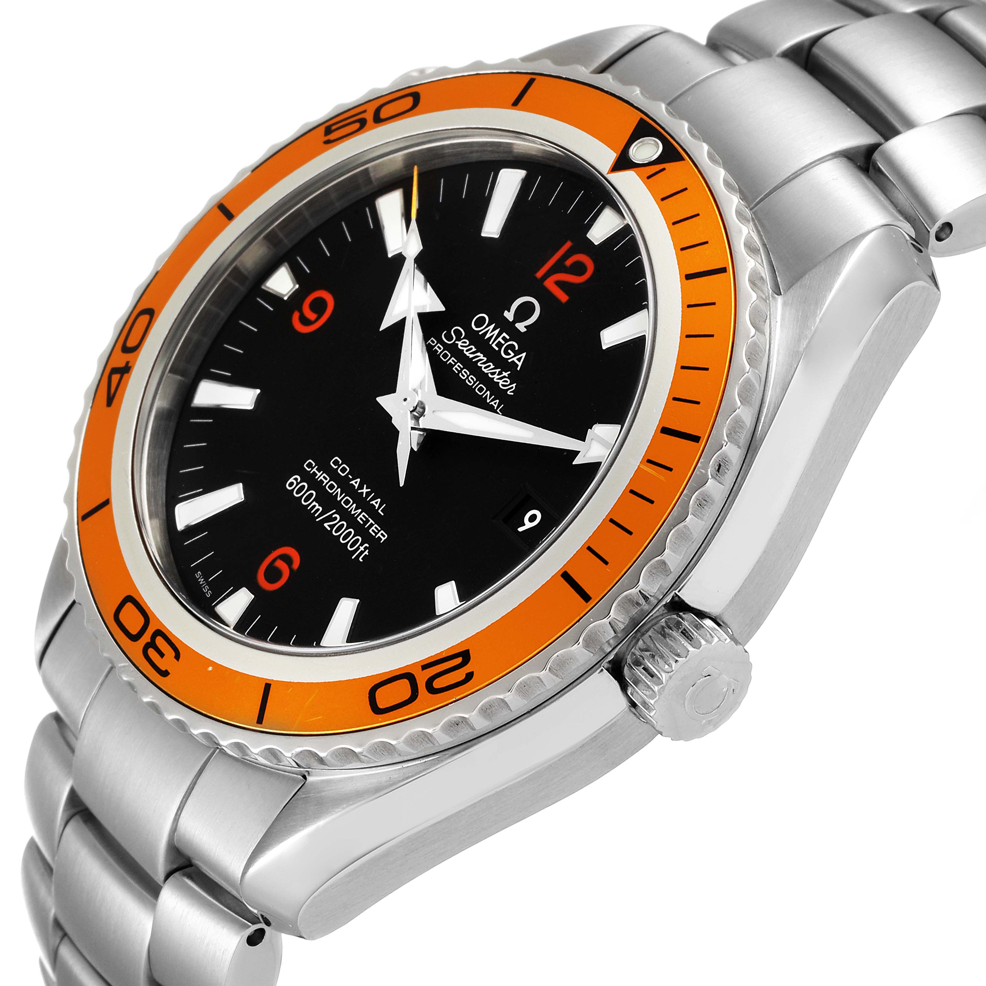 The Omega Planet Ocean 2208.50.00 Men
s Stainless Steel Black Dial 2208.50.00 Men
s Stainless Steel Black Dial watch is shown at an angled side view, highlighting the crown, bezel, and bracelet.