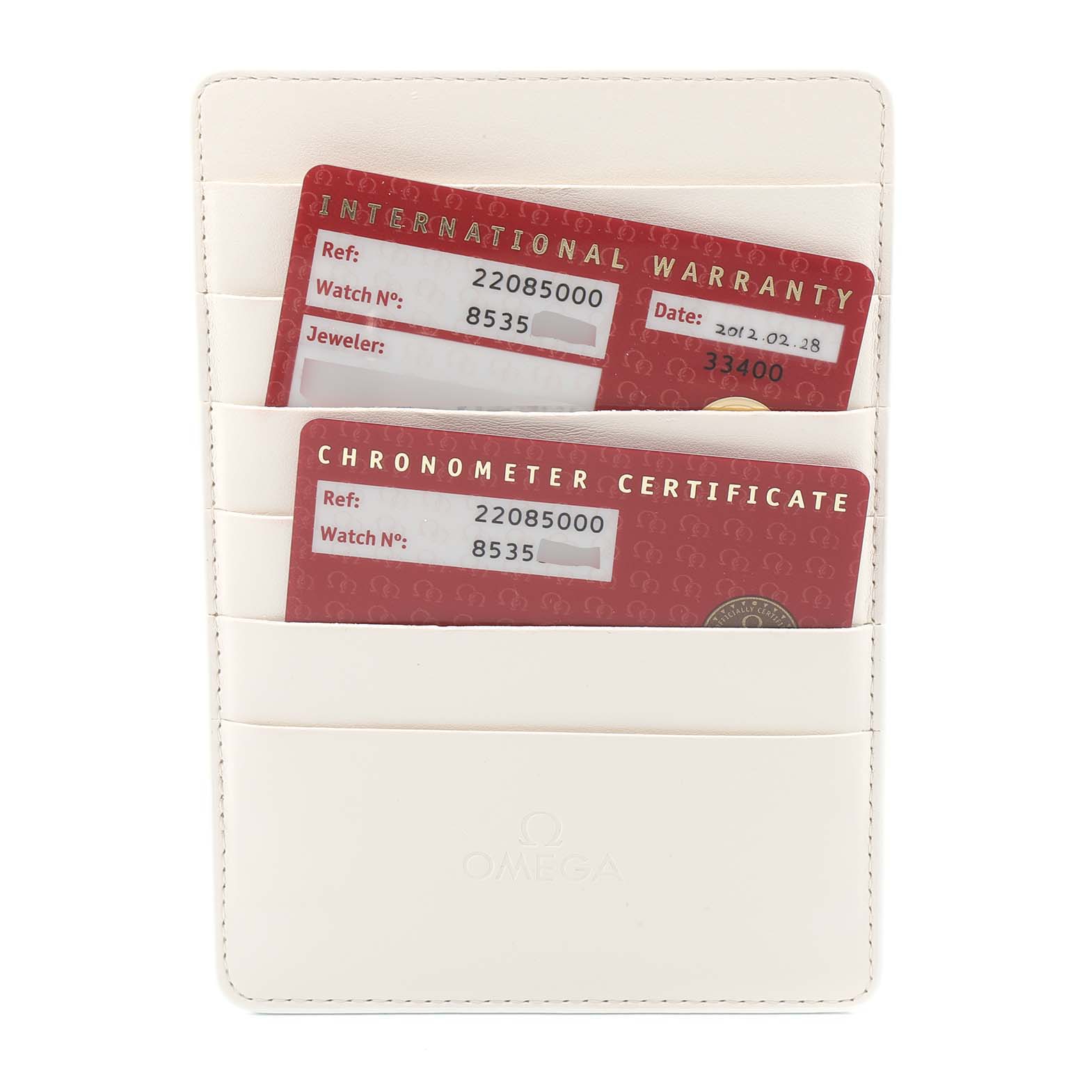 The image shows an Omega Planet Ocean 2208.50.00 Men
s Stainless Steel Black Dial 2208.50.00 Men
s Stainless Steel Black Dial model
s international warranty and chronometer certificate cards in a white cardholder.