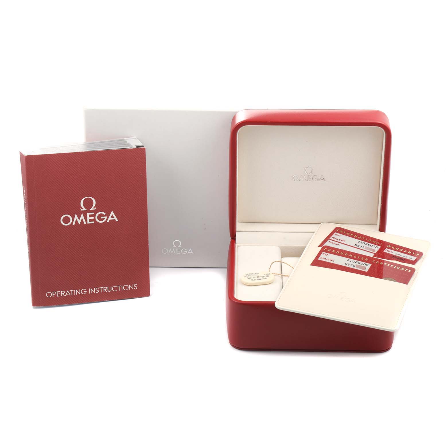 The image shows an Omega Planet Ocean 2208.50.00 Men
s Stainless Steel Black Dial 2208.50.00 Men
s Stainless Steel Black Dial watch box, operating instructions, international warranty, and chronometer certificate.