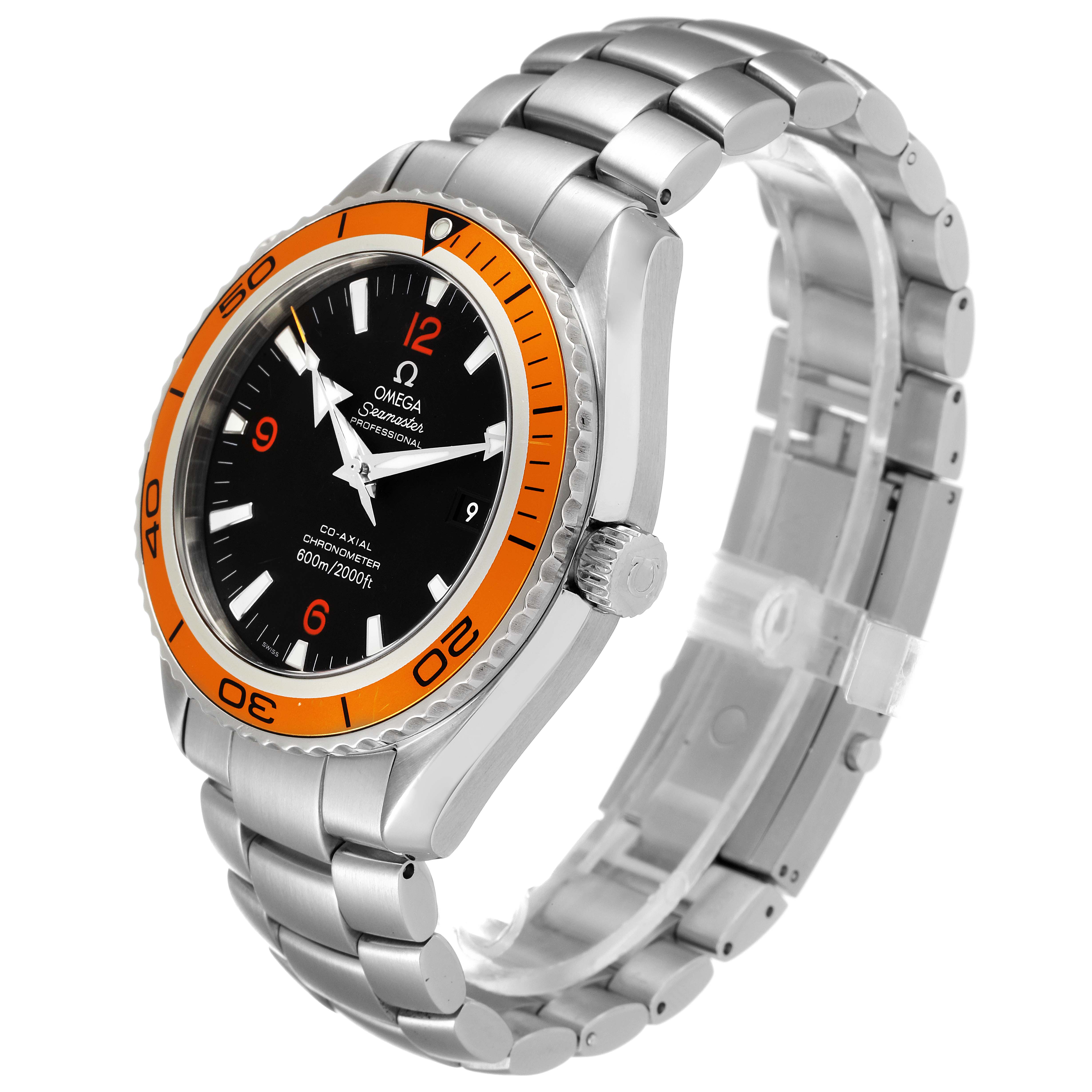 This image shows a side angle of the Omega Planet Ocean 2208.50.00 Men
s Stainless Steel Black Dial 2208.50.00 Men
s Stainless Steel Black Dial watch, highlighting its orange bezel and metallic bracelet.