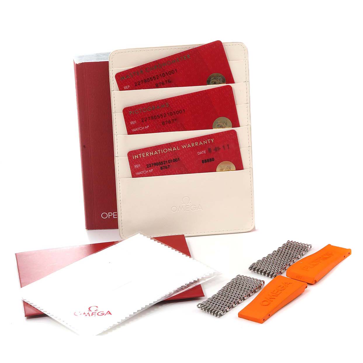 The image displays accessories for the Omega Ploprof 227.90.55.21.01.001 Men's Titanium Black Dial 227.90.55.21.01.001 Men's Titanium Black Dial model, including warranty cards, a cleaning cloth, extra straps, metal links, and paperwork.