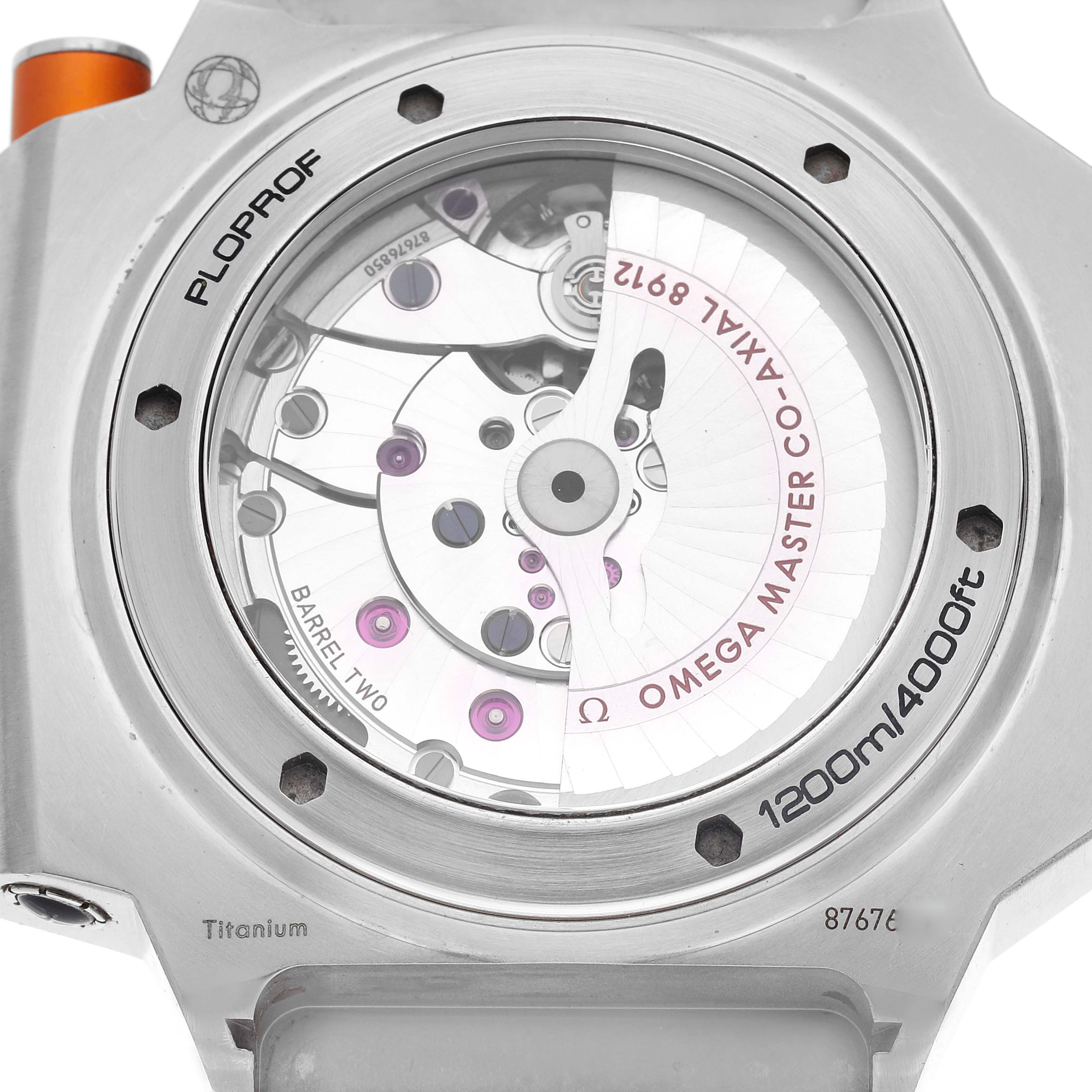 The image shows the back view of the Omega Ploprof 227.90.55.21.01.001 Men's Titanium Black Dial 227.90.55.21.01.001 Men's Titanium Black Dial watch, showcasing its movement and water resistance markings.