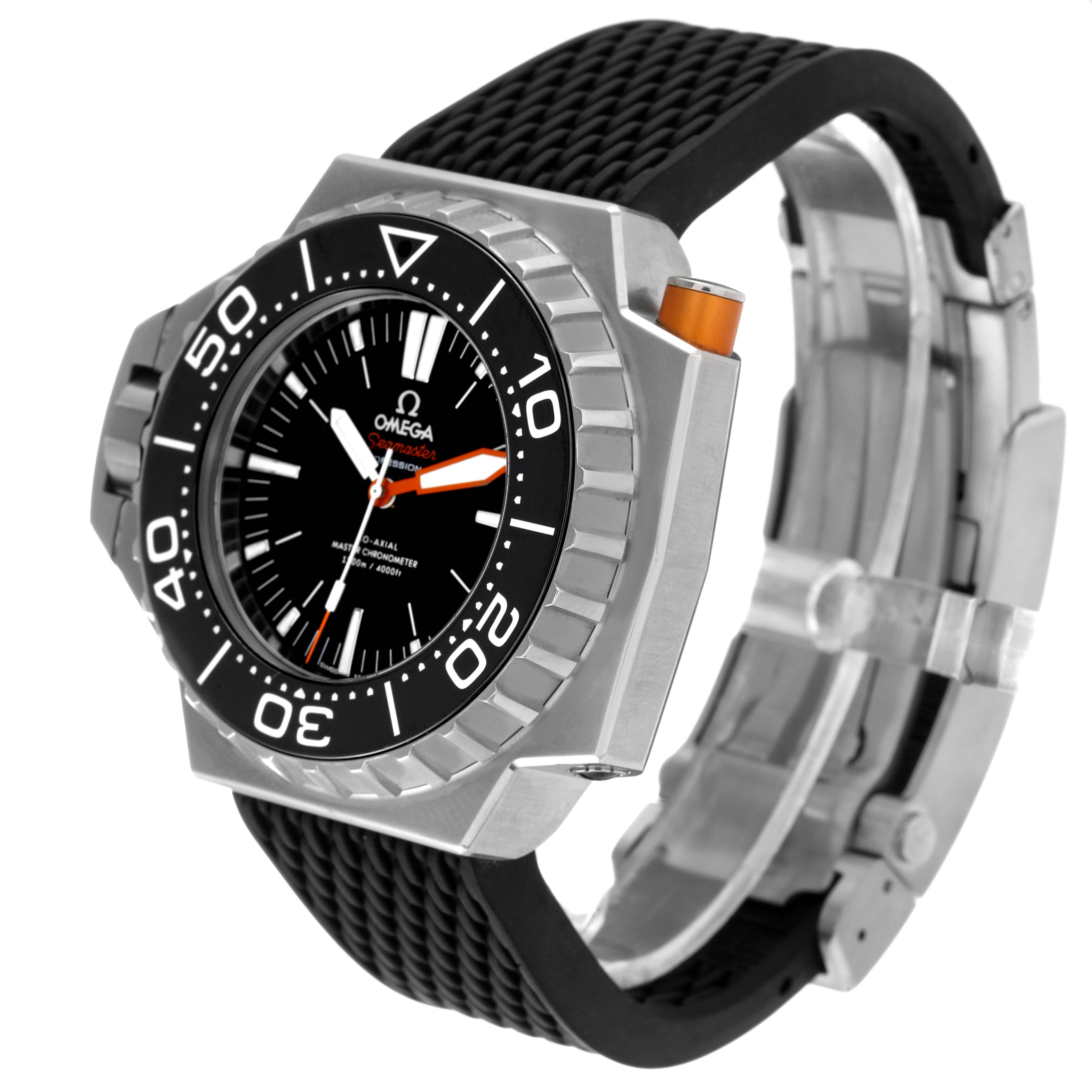 The image shows an Omega Ploprof 227.90.55.21.01.001 Men's Titanium Black Dial 227.90.55.21.01.001 Men's Titanium Black Dial model watch from a side-angle view, highlighting its bezel, dial, and rubber strap with the clasp.