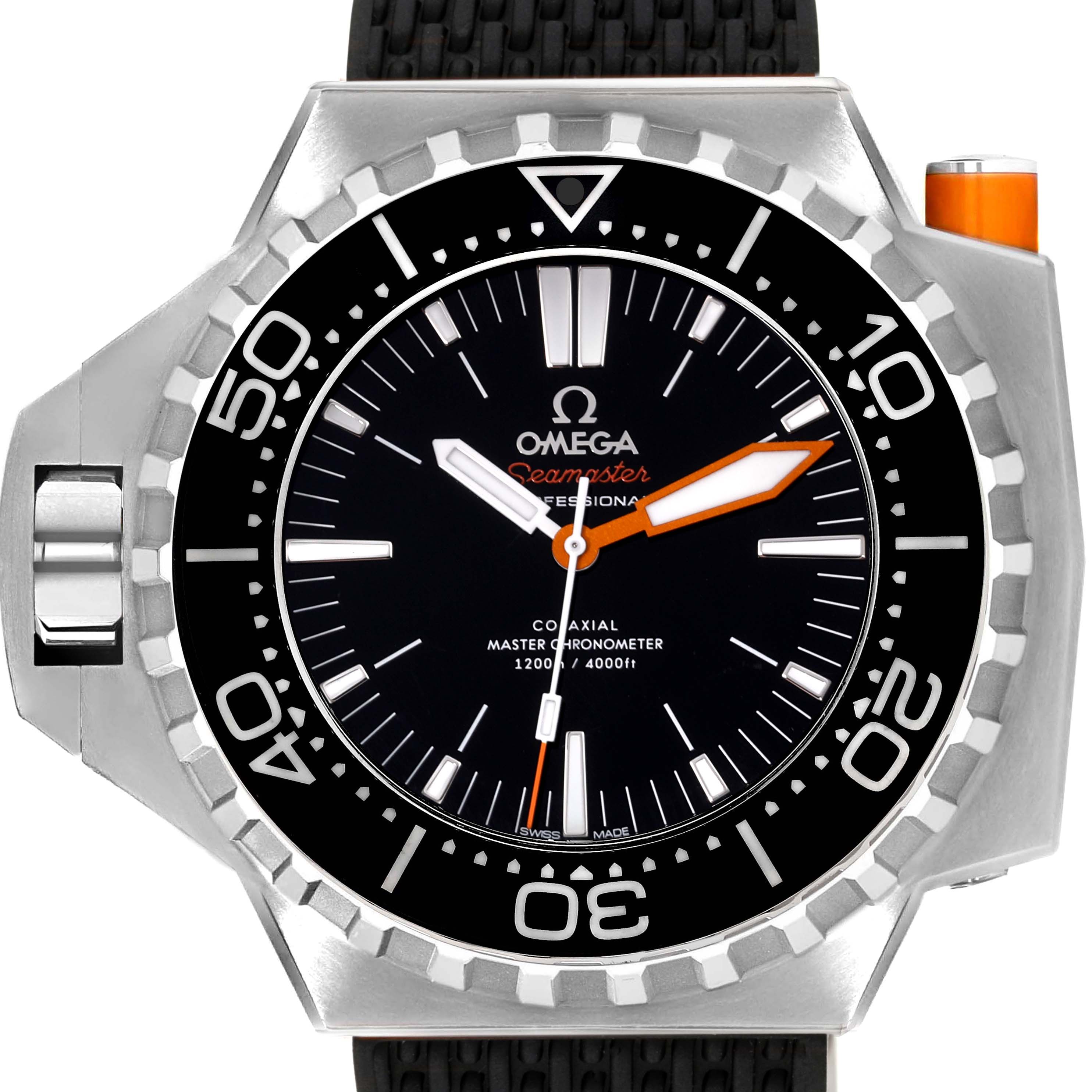 The Omega Ploprof 227.90.55.21.01.001 Men's Titanium Black Dial 227.90.55.21.01.001 Men's Titanium Black Dial watch is shown from the front, displaying its face, bezel, and part of the strap.