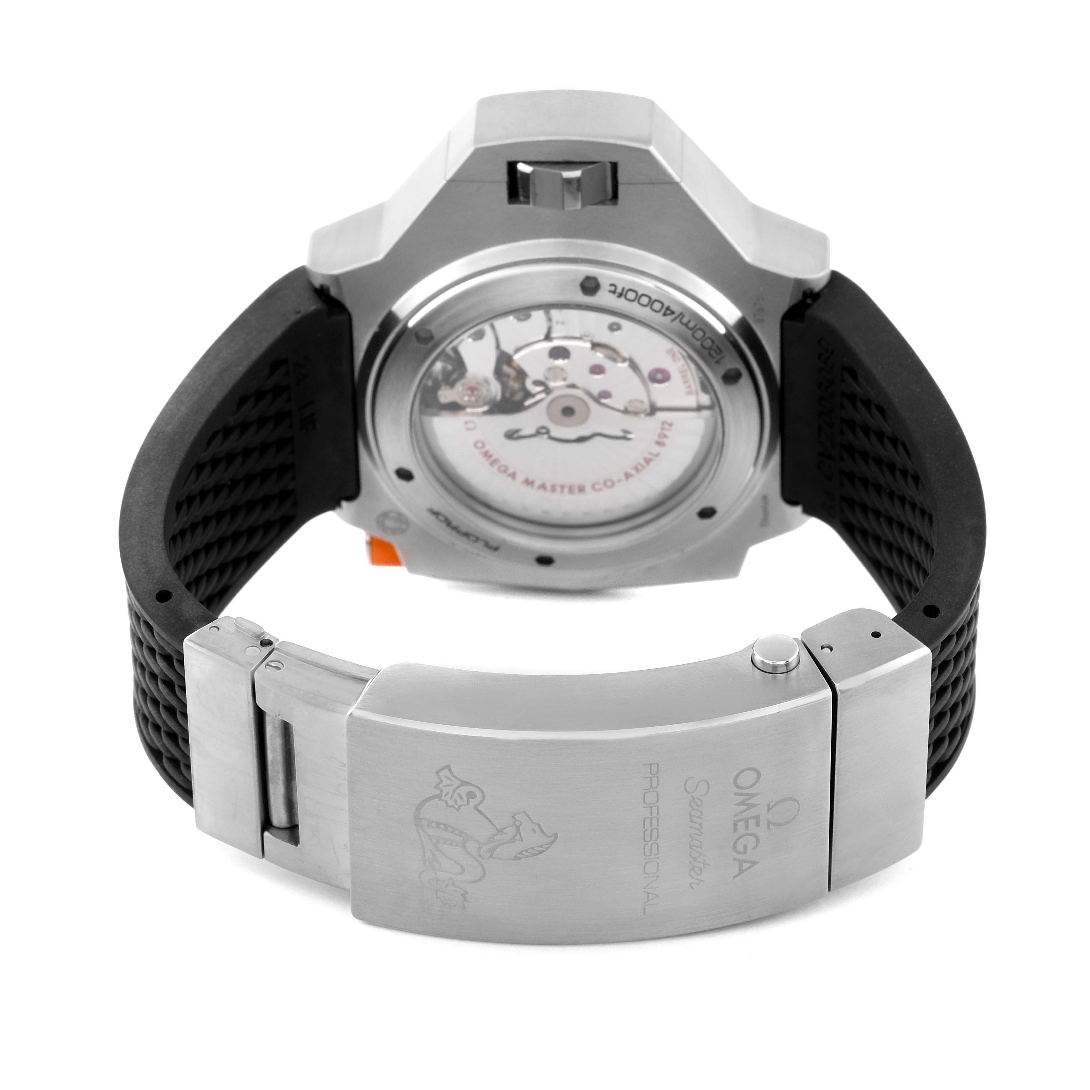 This image shows the backside of the Omega Ploprof 227.90.55.21.01.001 Men's Titanium Black Dial 227.90.55.21.01.001 Men's Titanium Black Dial watch, highlighting its clasp and internal mechanism.