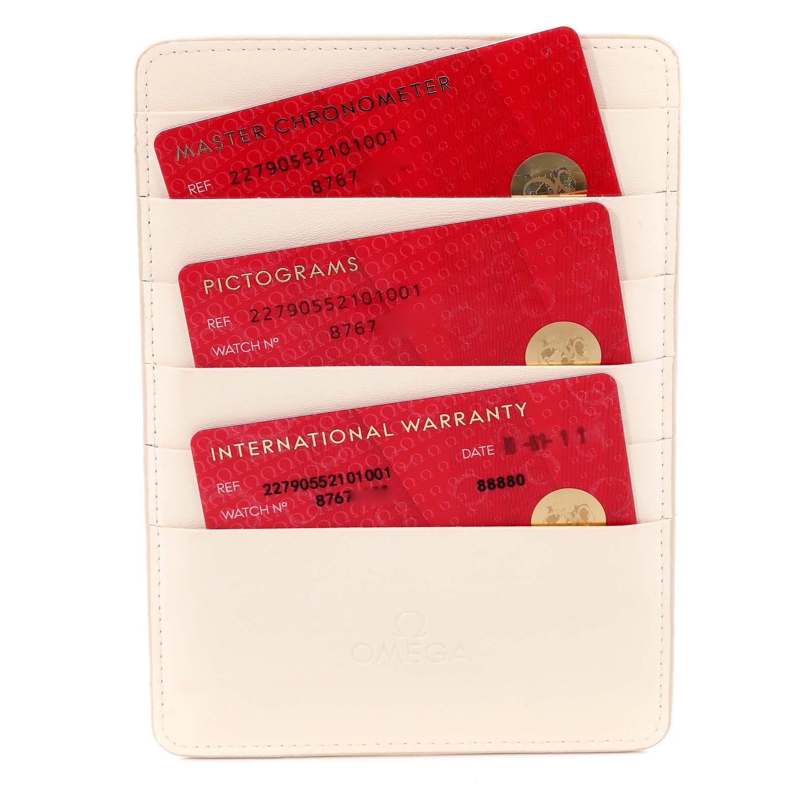 The image shows three red certification cards for an Omega Ploprof 227.90.55.21.01.001 Men's Titanium Black Dial 227.90.55.21.01.001 Men's Titanium Black Dial watch in a white cardholder.