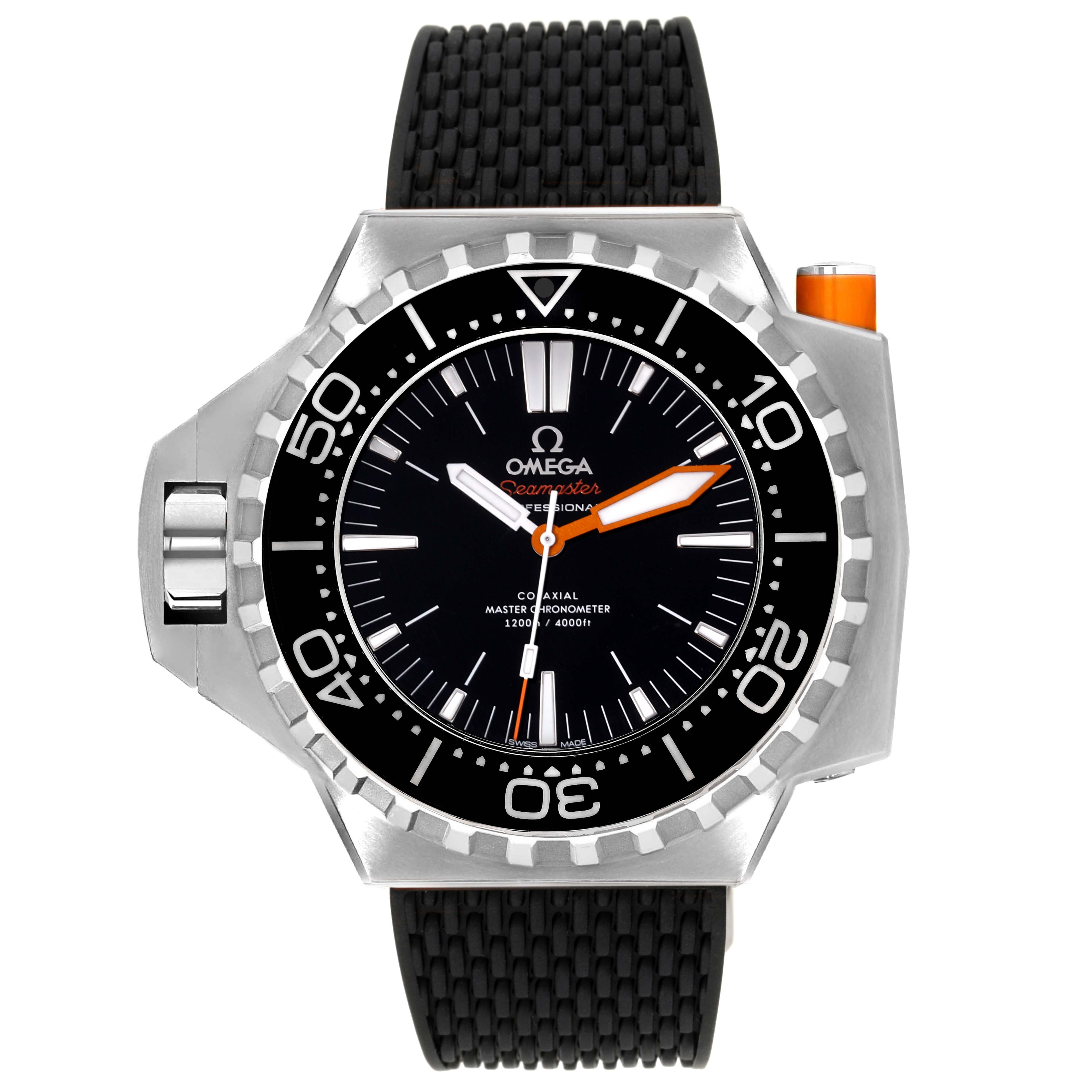 The Omega Ploprof 227.90.55.21.01.001 Men's Titanium Black Dial 227.90.55.21.01.001 Men's Titanium Black Dial watch is shown from a top-down angle, highlighting the face, bezel, crown, and strap.